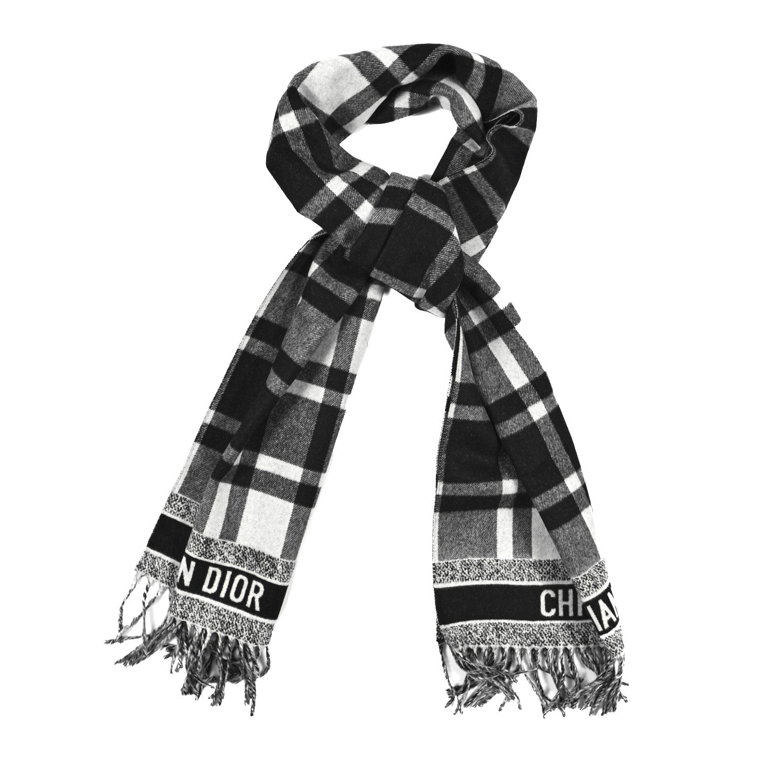 Christian Dior Wool Angora Check'n'Dior Fringe Scarf White Black 1 of 3