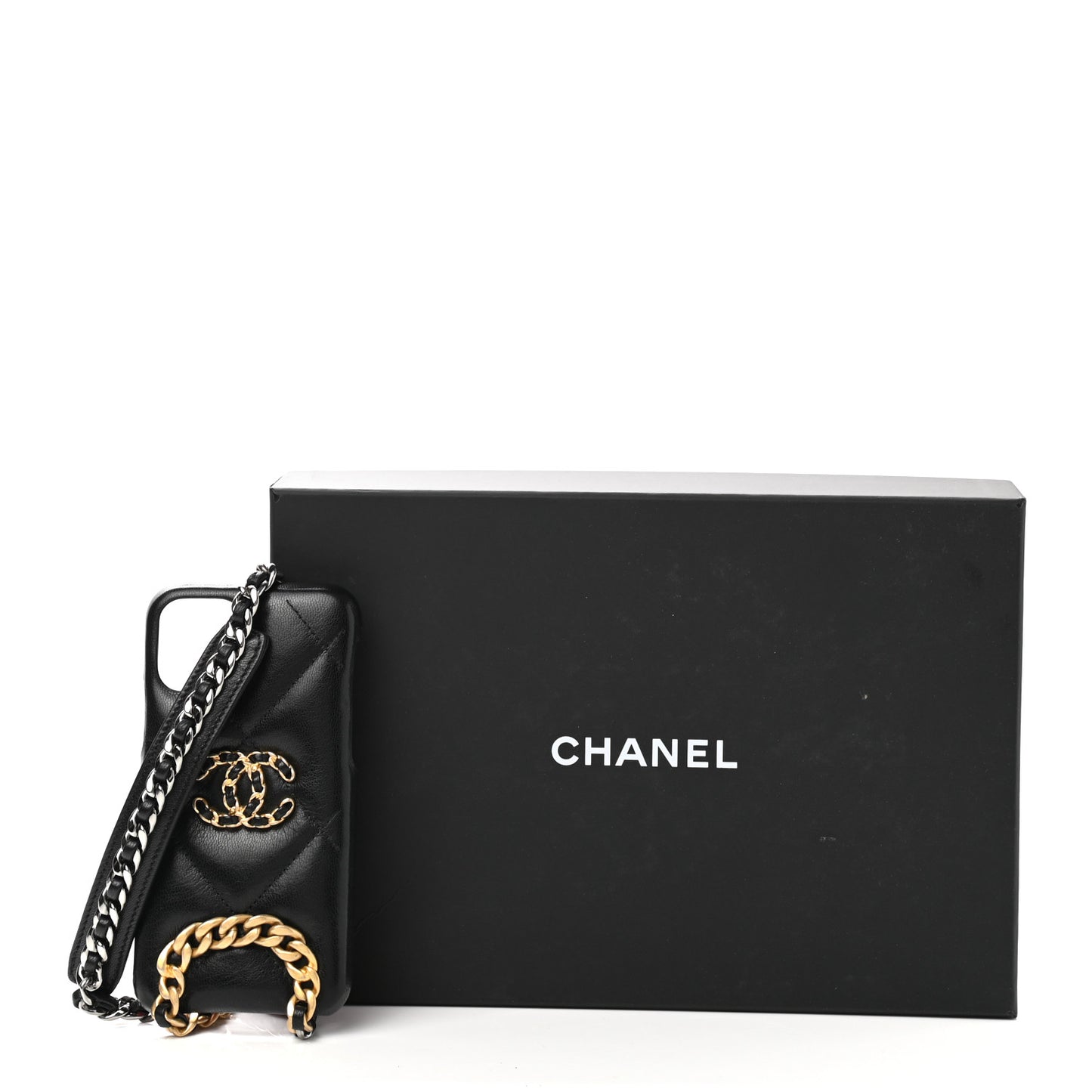 Shiny Goatskin Quilted 19 iPhone XI Pro Holder With Chain Black