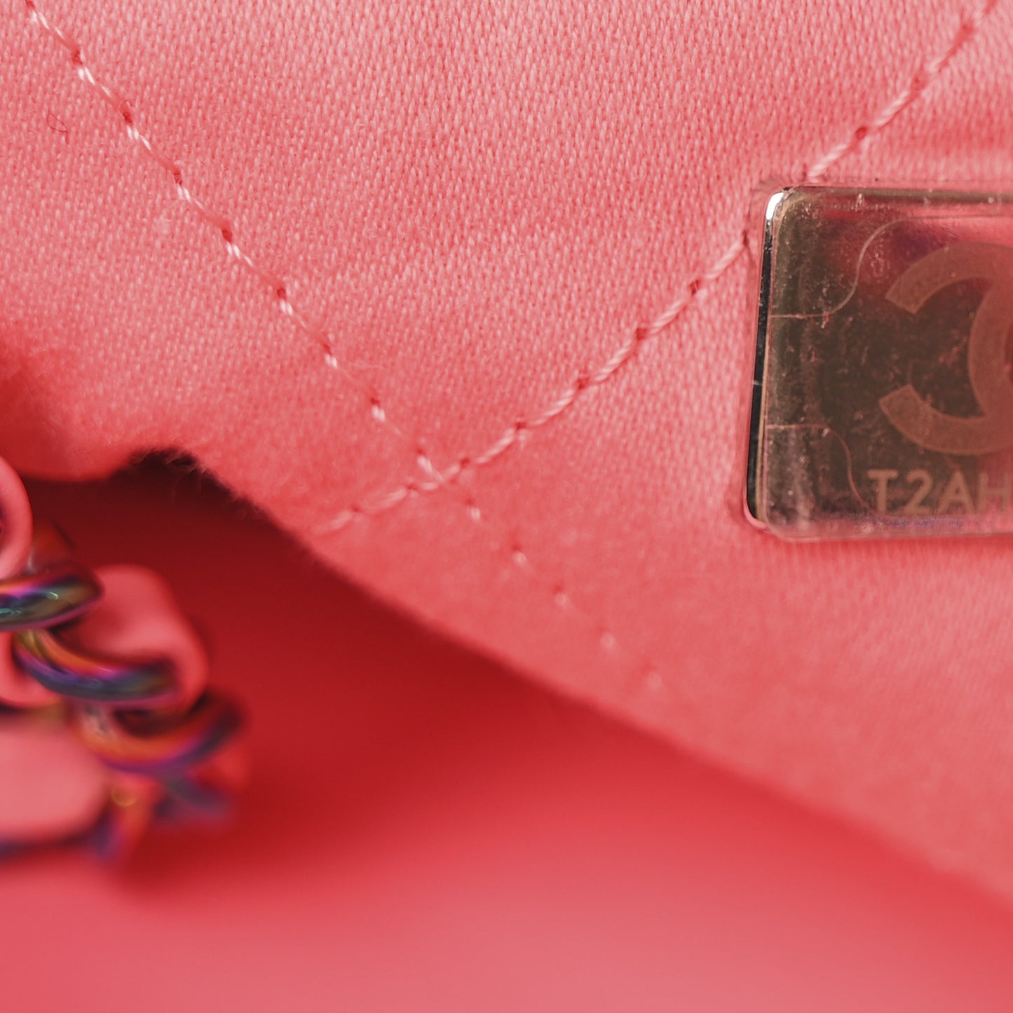 Shiny Calfskin Quilted Rainbow Metal Mini Chanel 22 Coral Pink