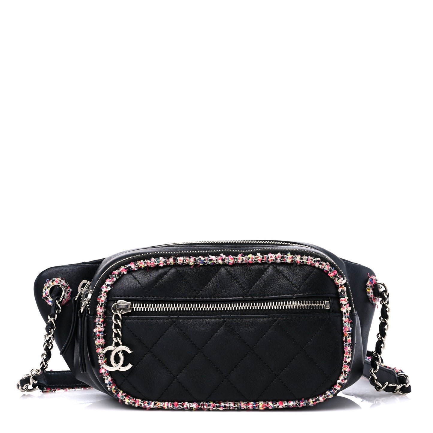 Lambskin Tweed Quilted Elegant Trim Waist Belt Bag Black