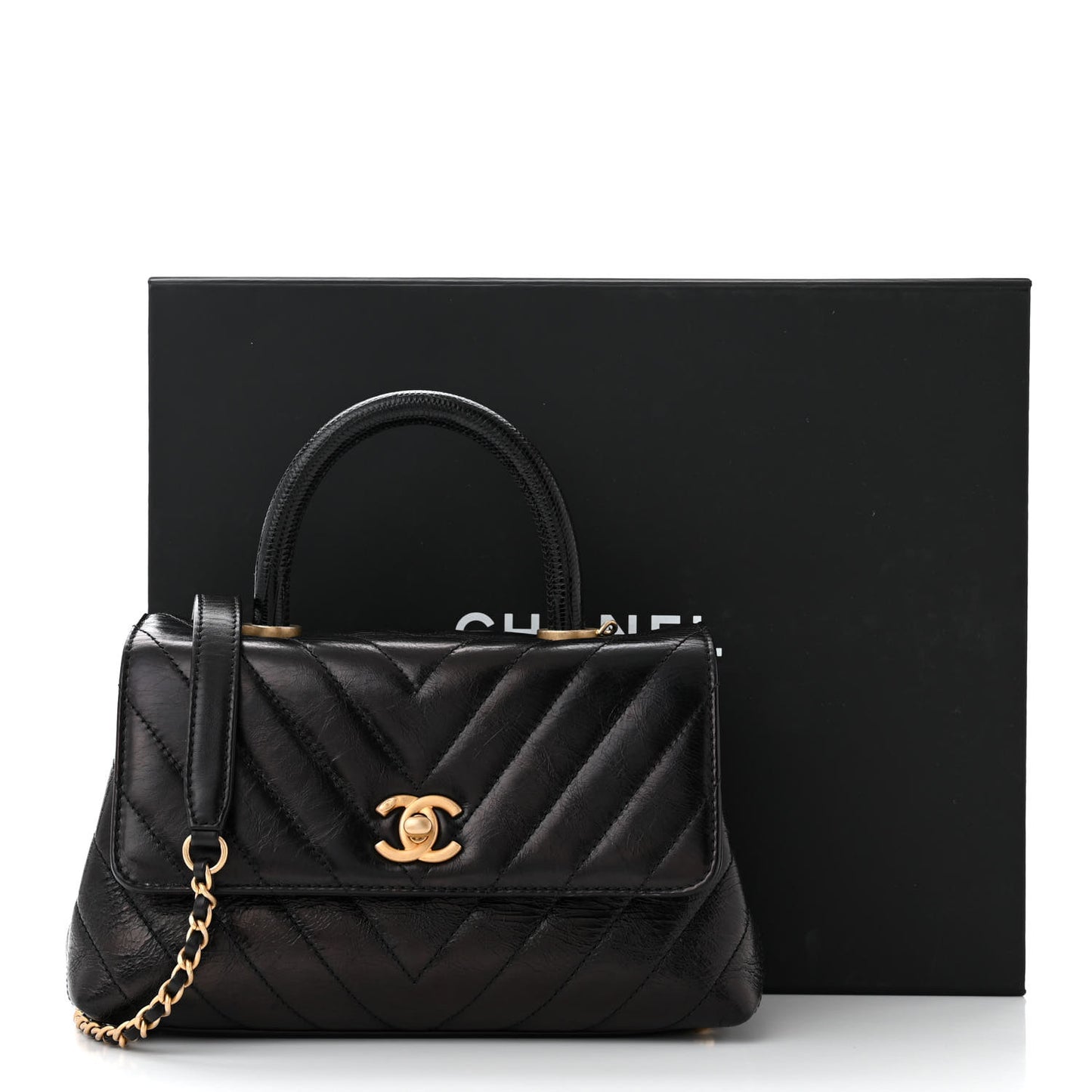 Calfskin Lizard Chevron Quilted Mini Coco Handle Flap Black