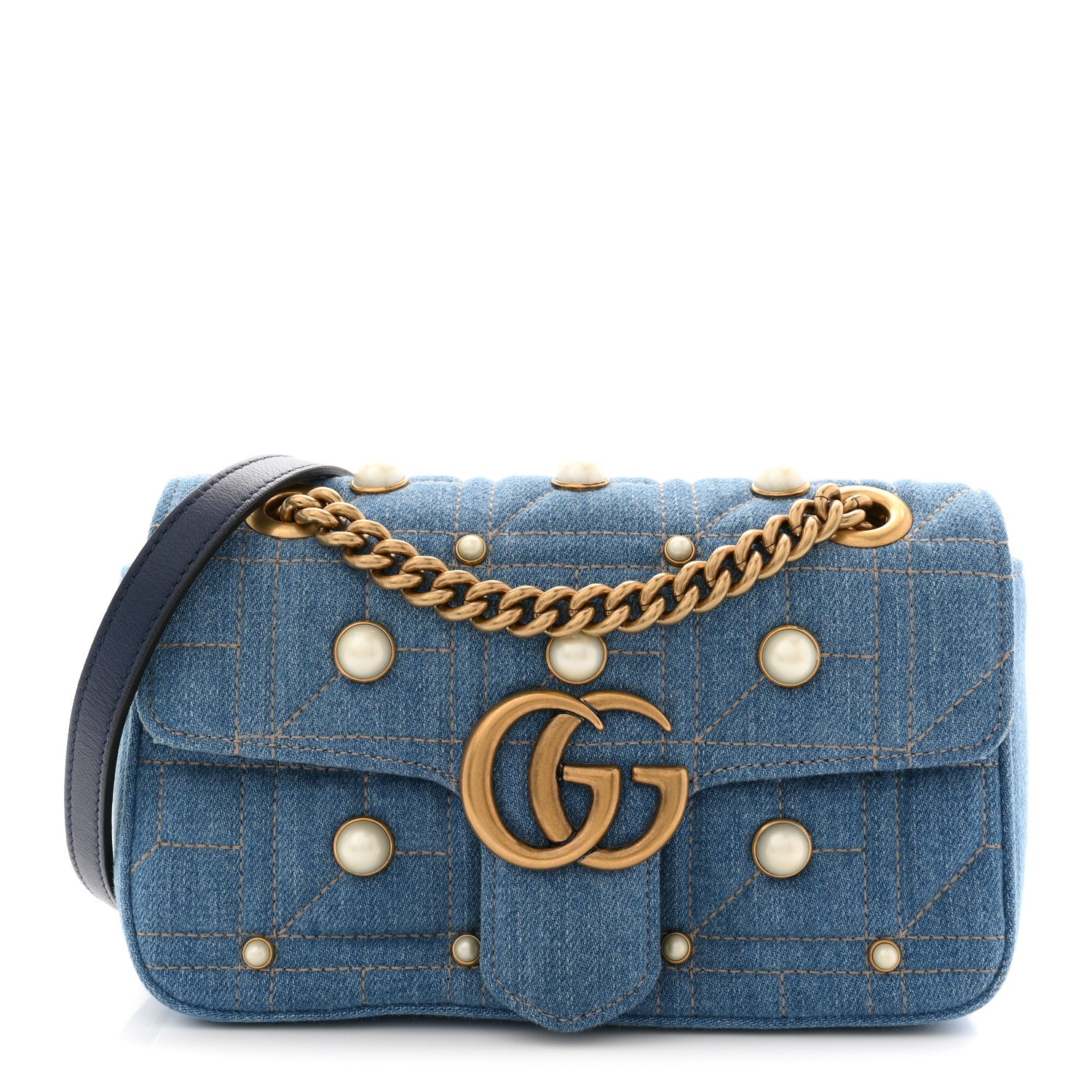 Gucci Denim Matelasse Pearl Studded Mini GG Marmont Shoulder Bag