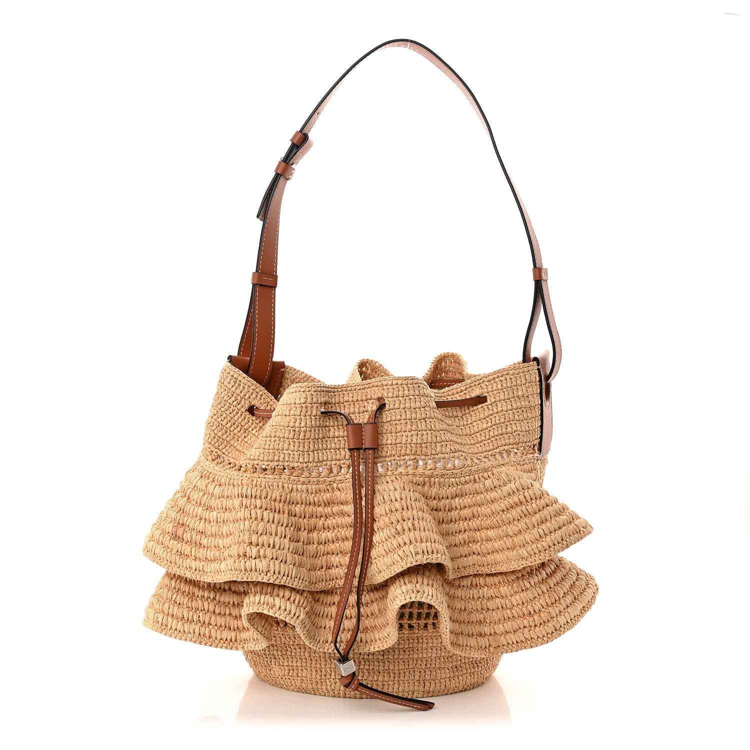 Loewe Raffia Calfskin Paulas Ibiza Balloon Ruffle Basket Tote Bag