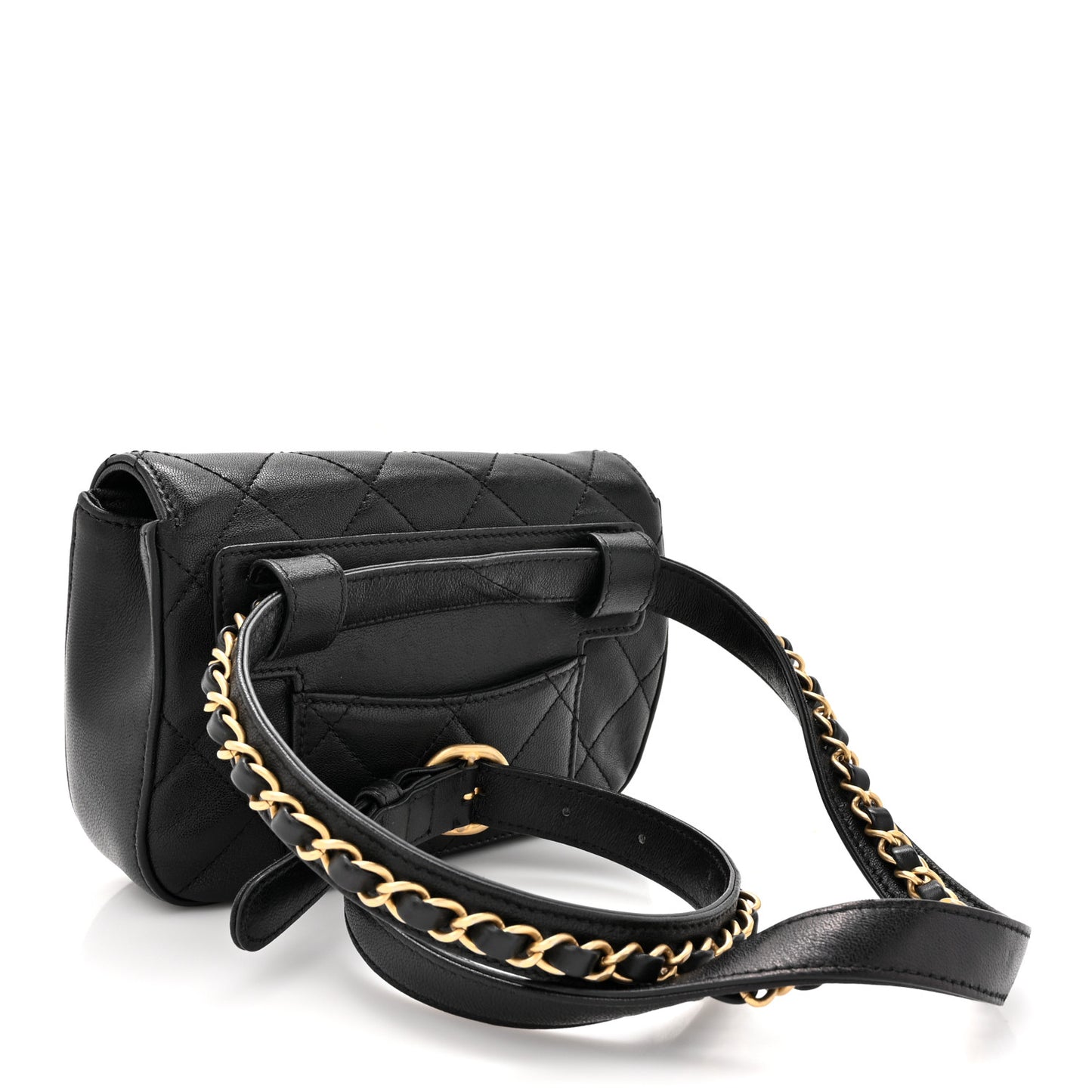 Lambskin Quilted Chain Infinity Waist Belt Bag Black