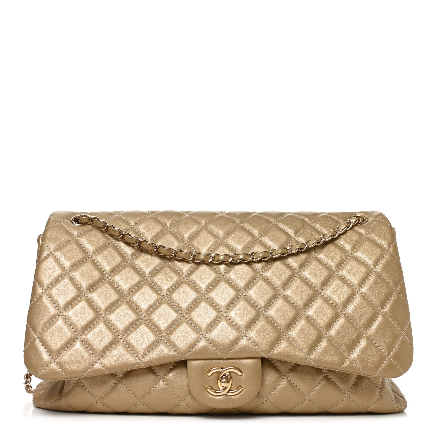 Chanel Metallic Calfskin Quilted Small XXL Travel Flap Bag Gold