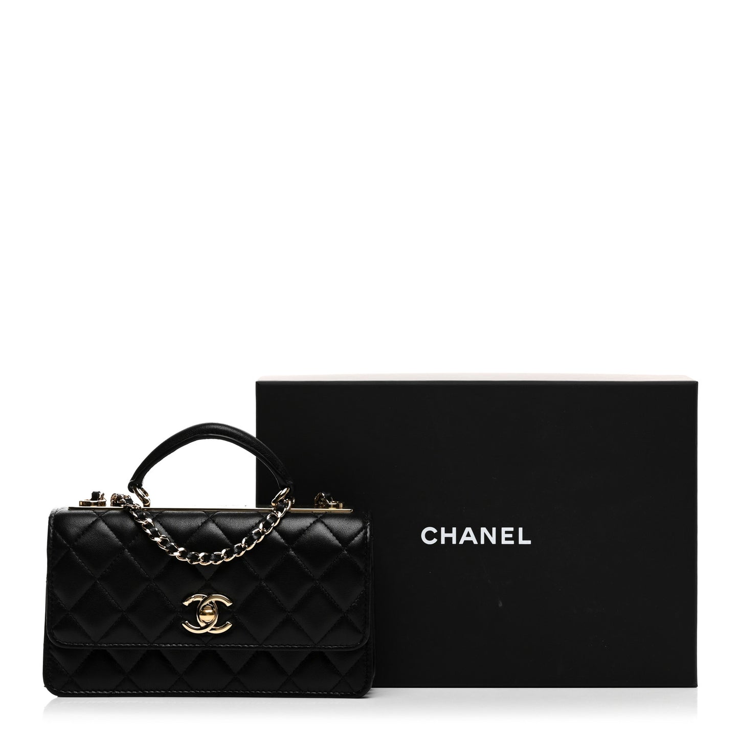Lambskin Quilted Trendy CC Dual Handle Clutch With Chain Black