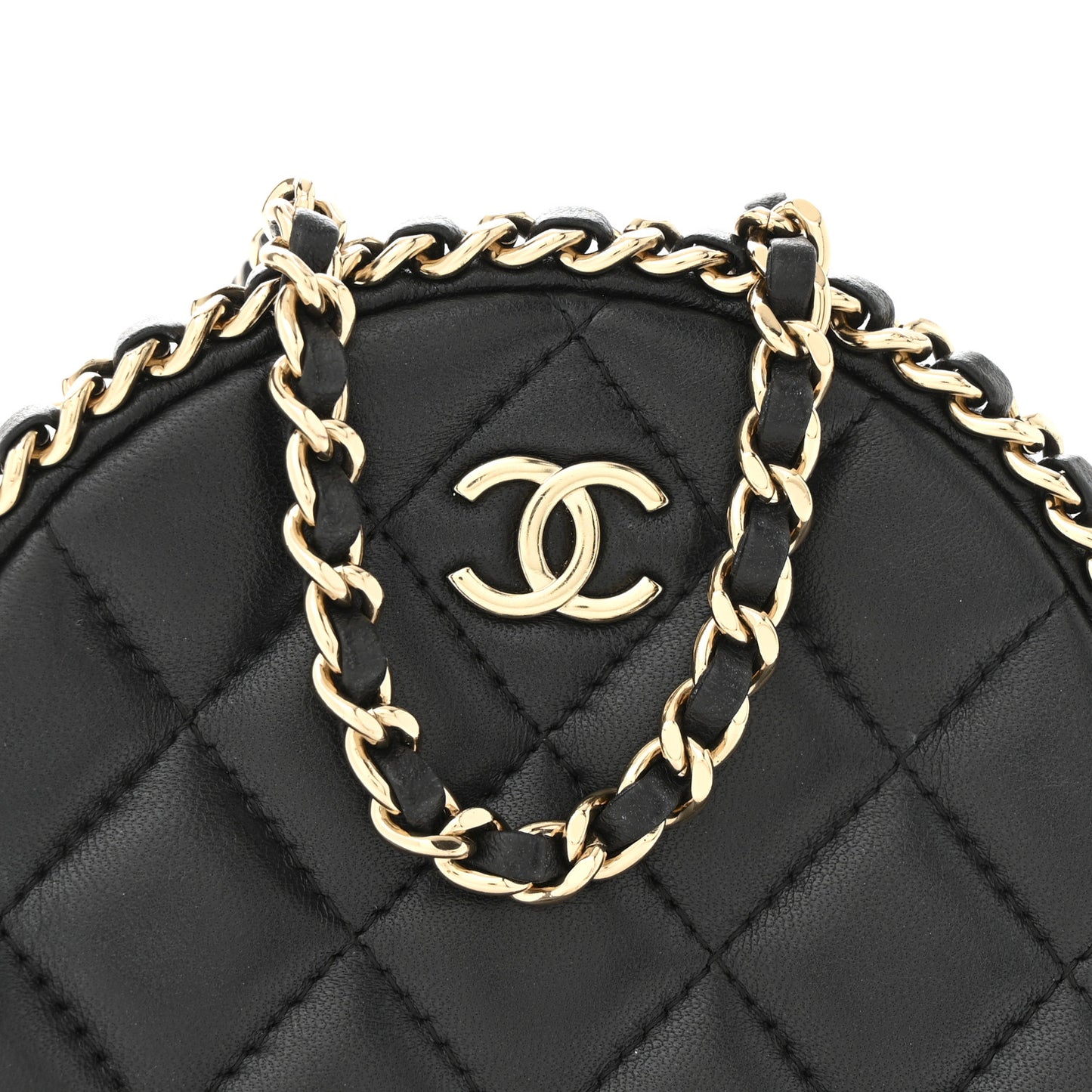 Lambskin Quilted Chain Around CC Round Clutch With Chain Black