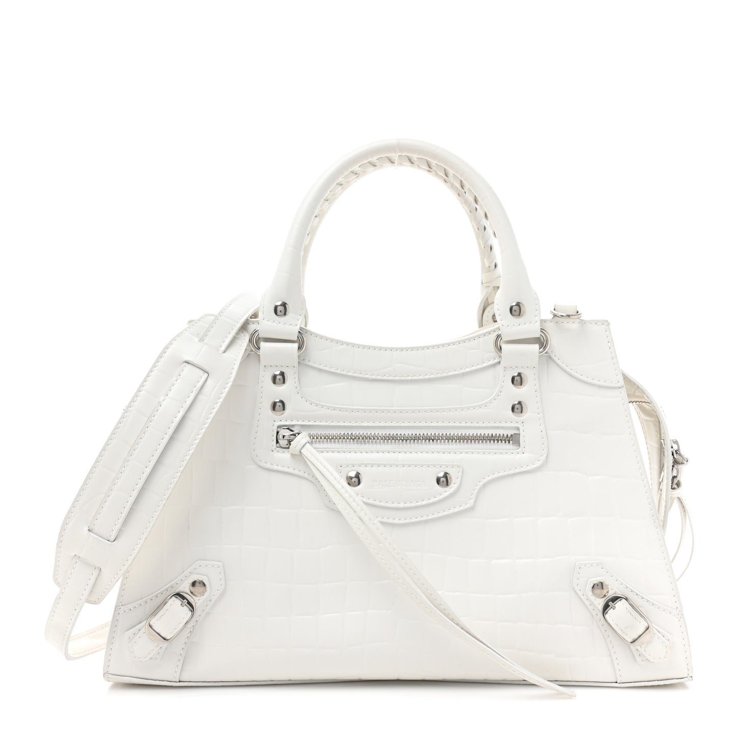 Semi Shiny Calfskin Crocodile Embossed Neo Classic Silver Hardware S City White