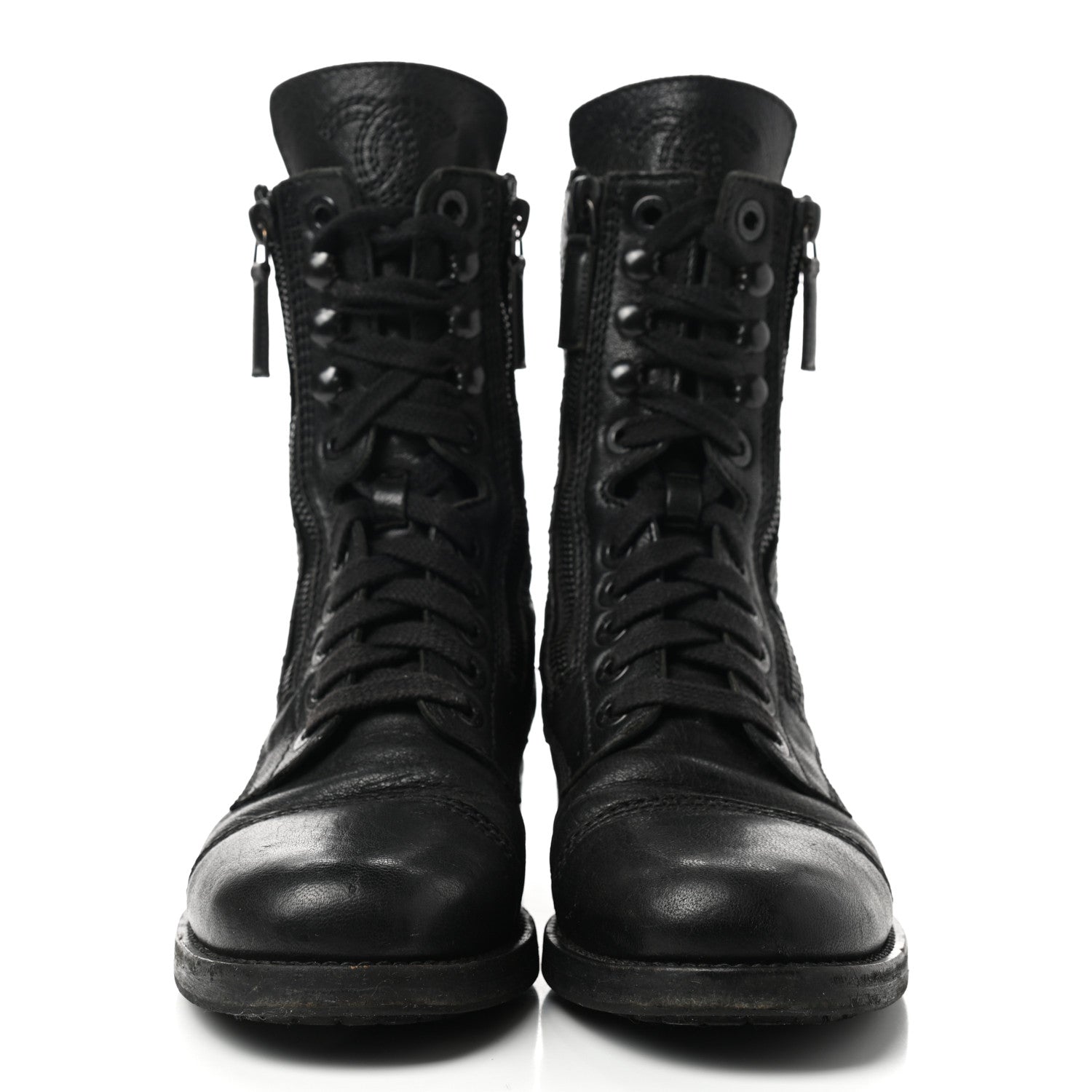 Chanel Sheepskin Quilted CC Tall Lace Up Combat Boots 36 Black 2 of 18