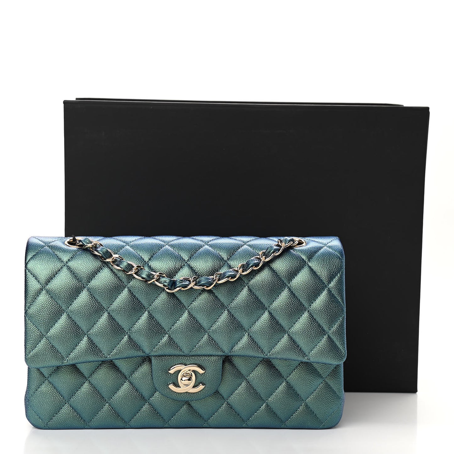 Iridescent Caviar Quilted Medium Double Flap Green