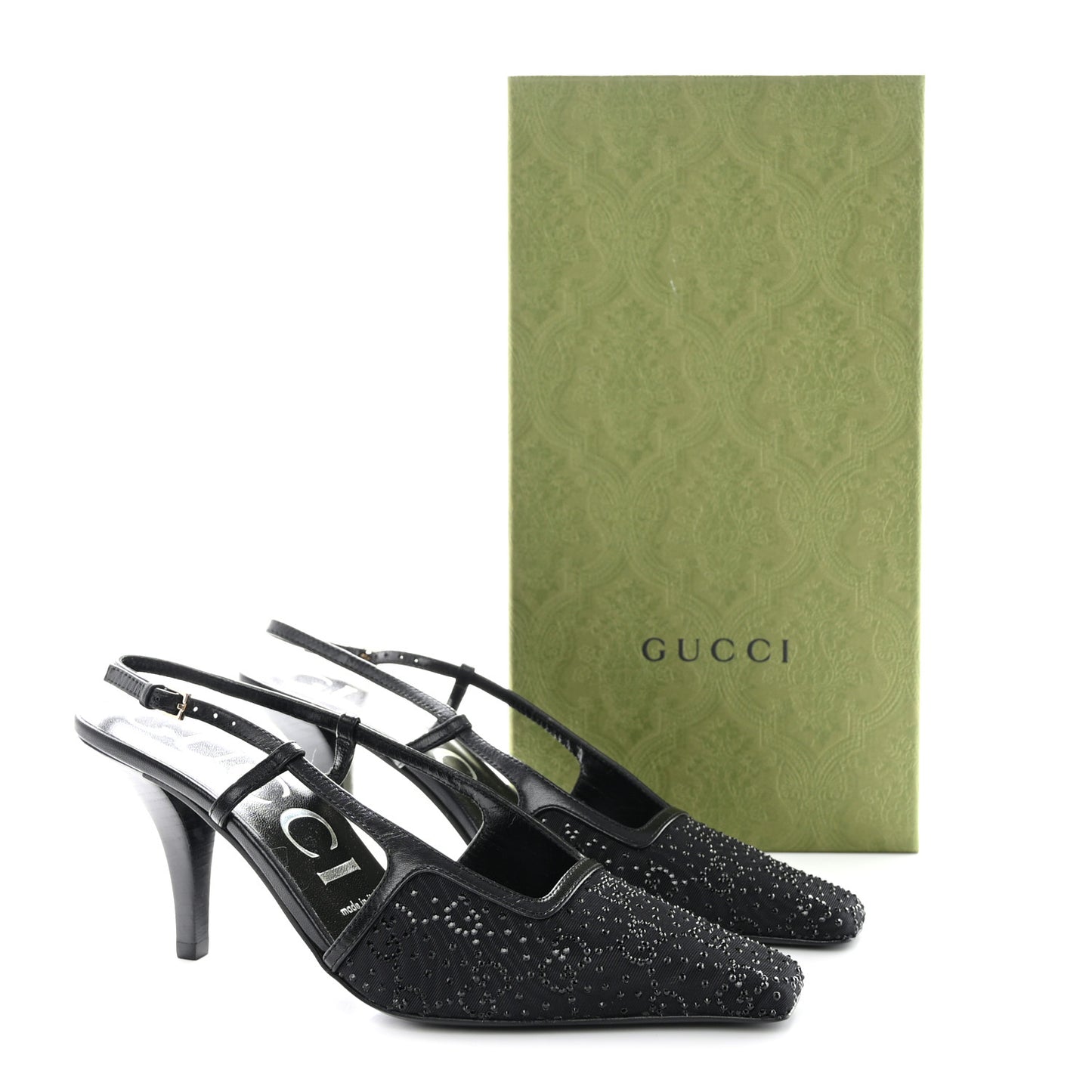 Moire Fabric Malaga Kid Crystal GG Monogram Square G 75mm Slingback Pumps 36 Black