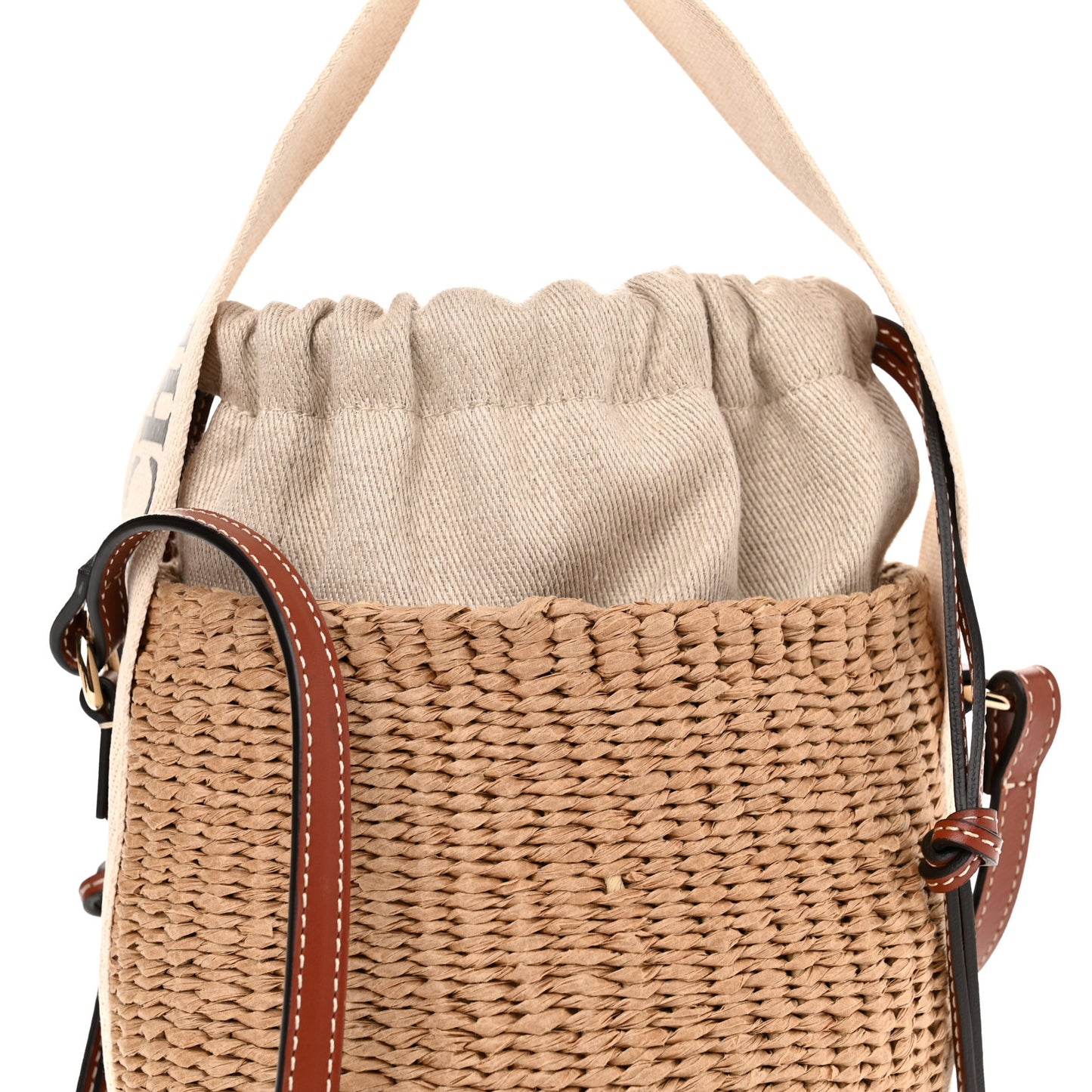Raffia Calfskin Small Woody Basket Bag Brown
