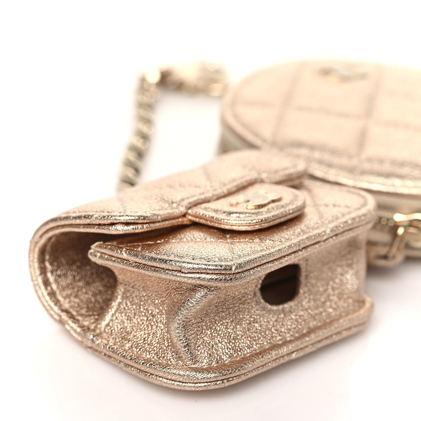 Metallic Lambskin Quilted Round Clip On Coin Purse Airpods Case Gold