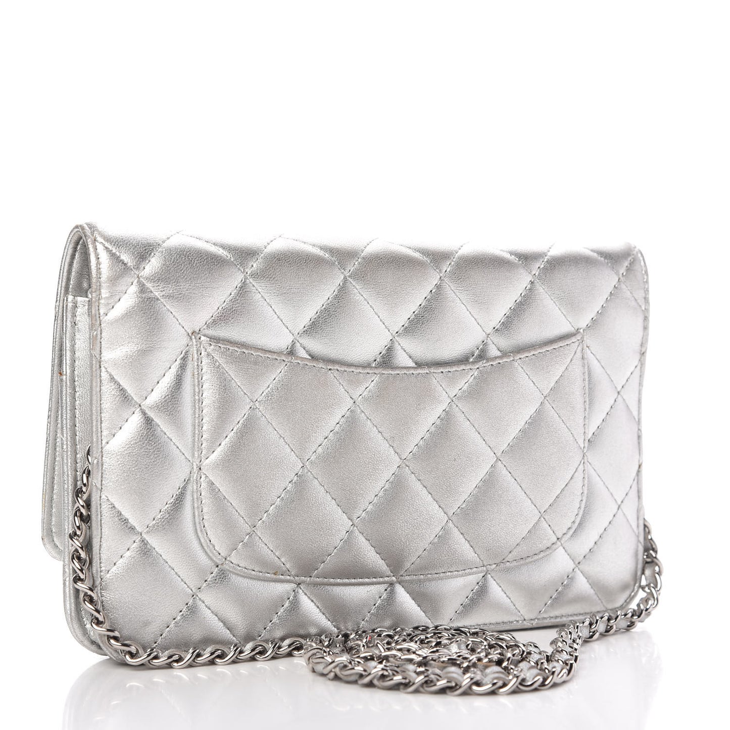 Metallic Lambskin Quilted Wallet On Chain WOC Silver
