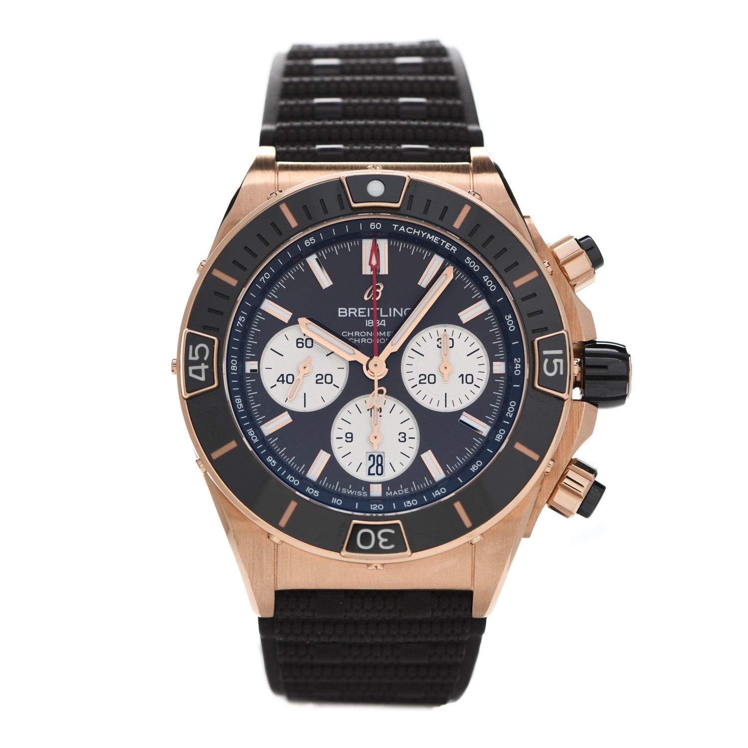Breitling 18K Rose Gold Rubber 44mm Super Chronomat B01 Chronograph Automatic Watch Brown RB0136 1 of 5