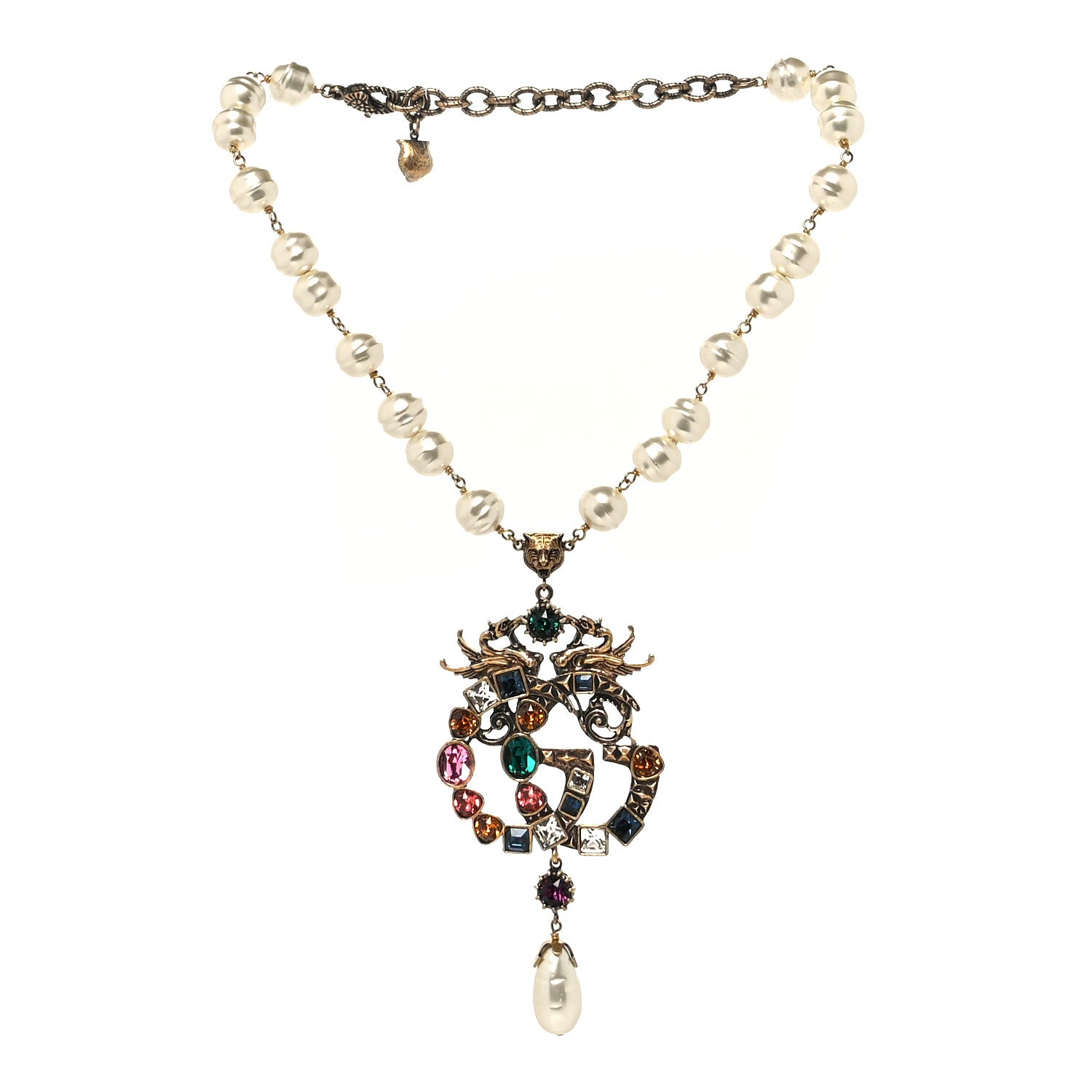 Gucci Crystal Pearl Marmont Dragon Necklace Aged Gold Multicolor 2 of 4