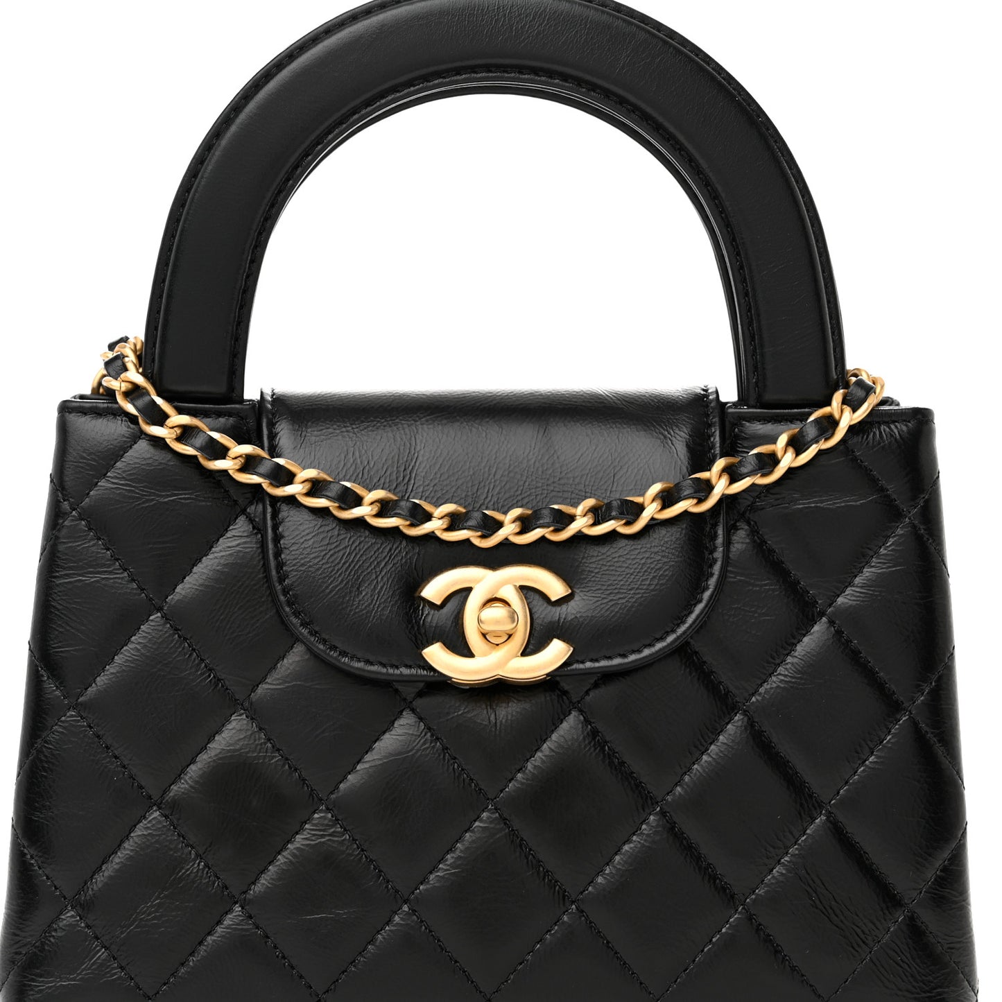 Shiny Aged Calfskin Quilted Nano Kelly Shopper Black