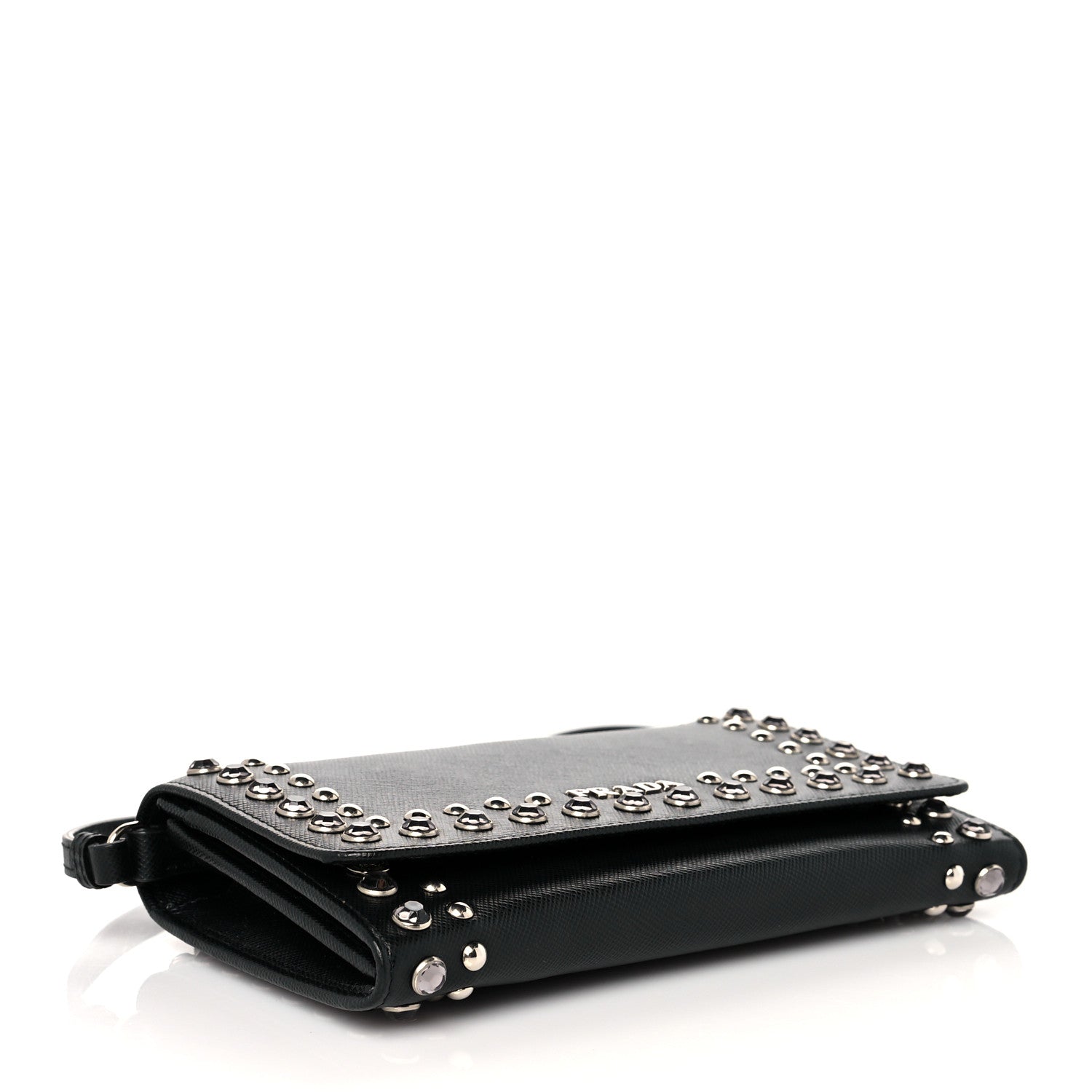 Prada Saffiano Crystal Studded Chain Wallet Black 4 of 8