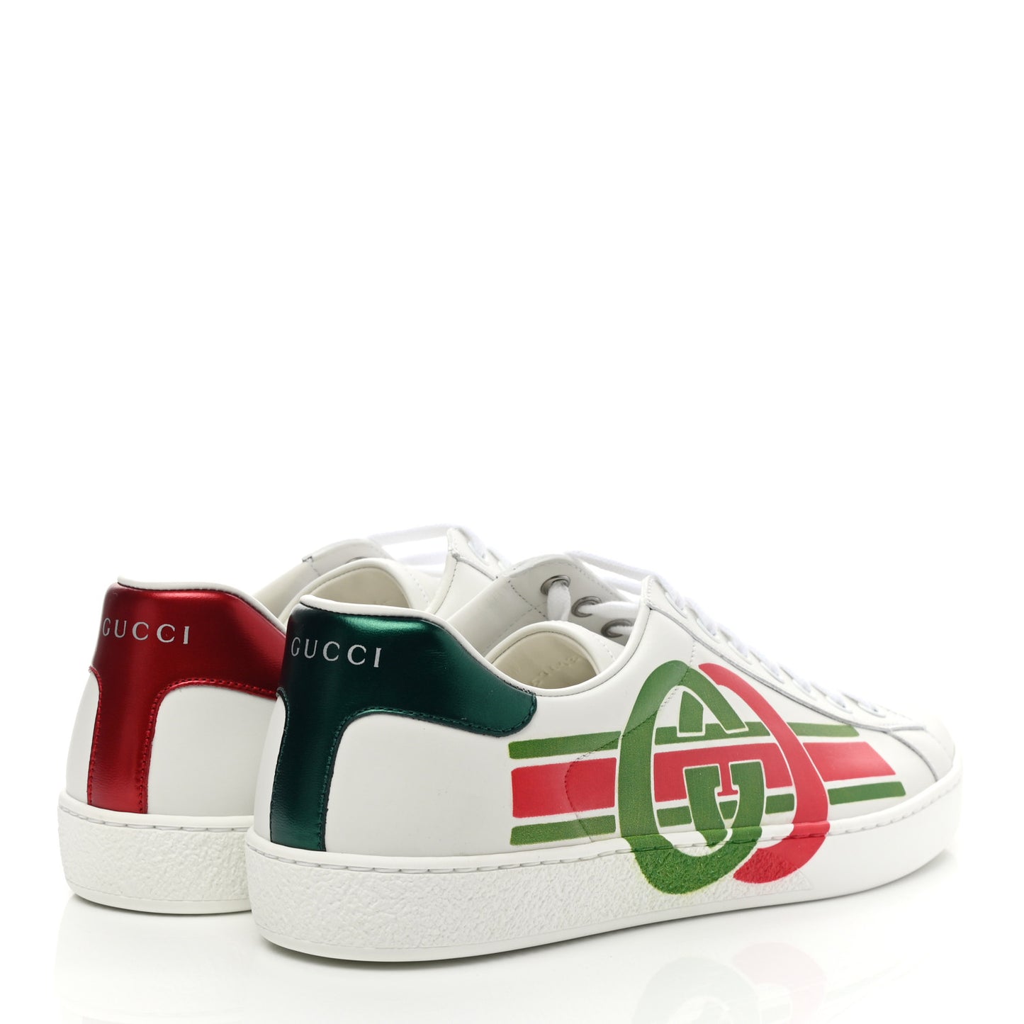 Calfskin Interlocking G Mens New Ace Sneakers 8 White Red Flame Green
