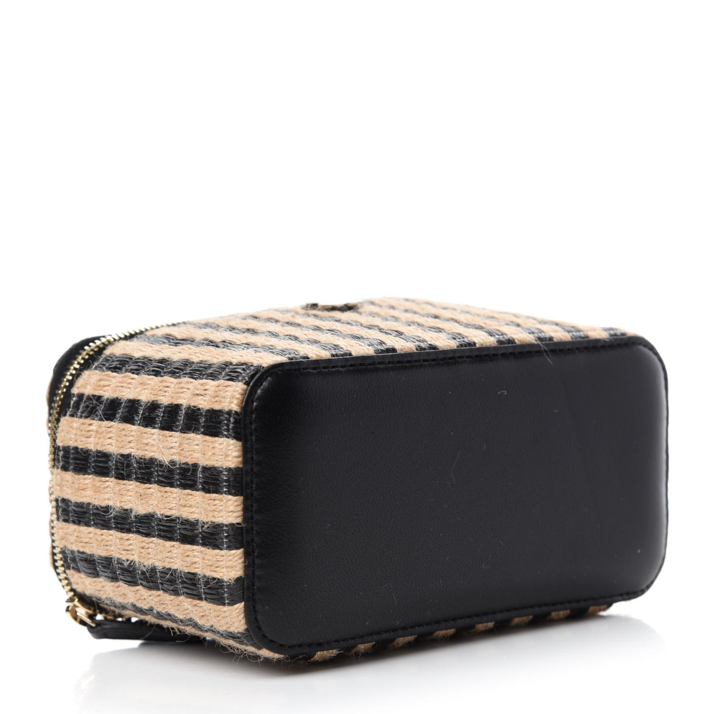 Raffia Jute Striped Small Vanity Case With Chain Black Beige