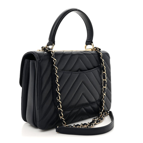 Lambskin Chevron Quilted Small Trendy CC Flap Dual Handle Bag Navy