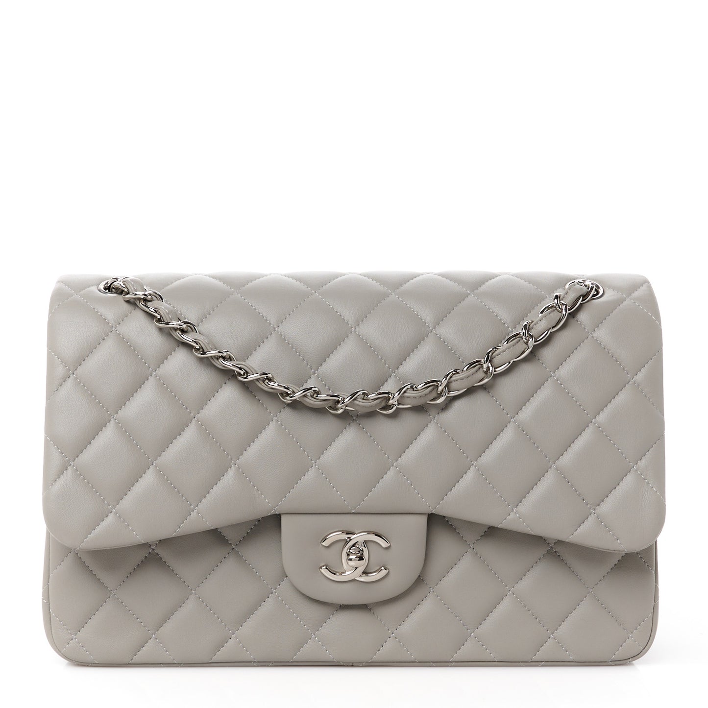 Lambskin Quilted Jumbo Double Flap Grey