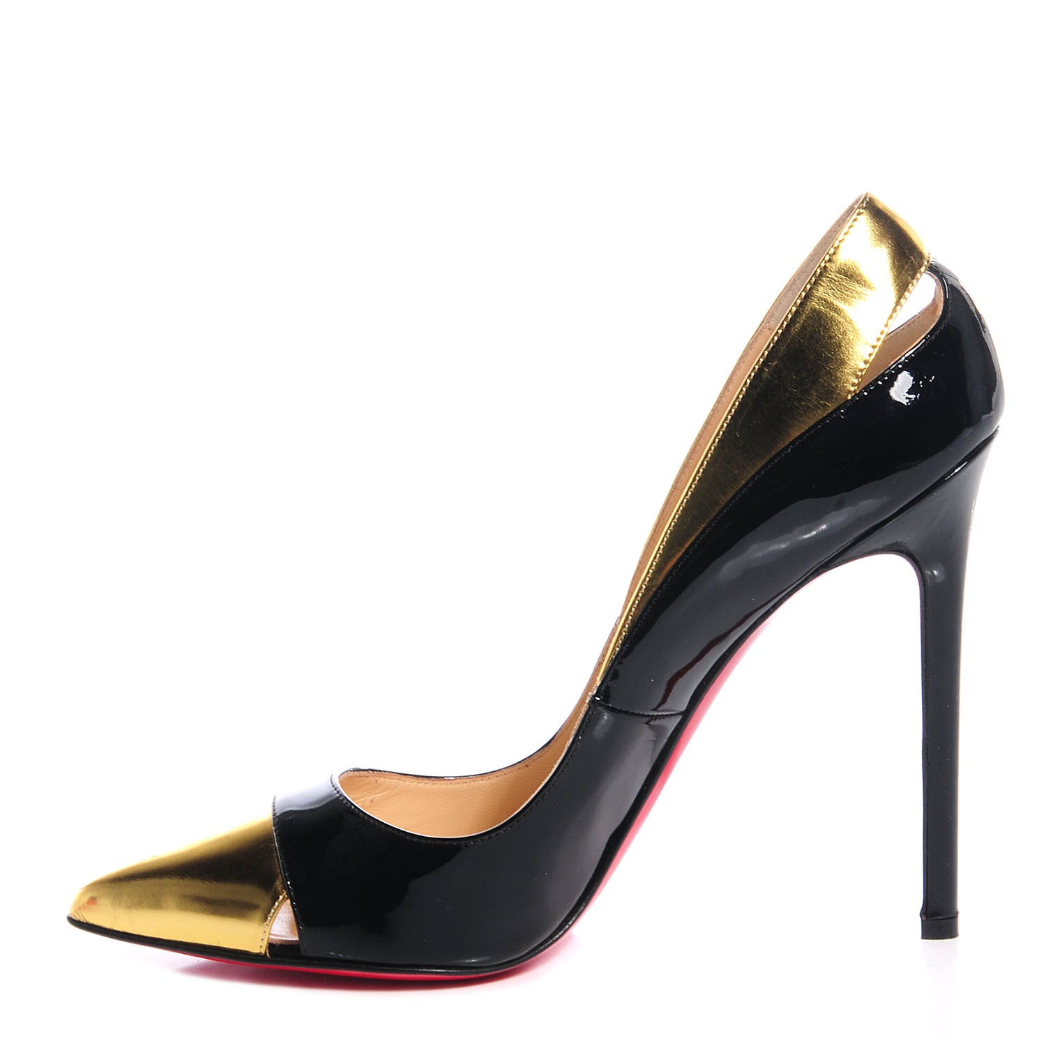 Christian Louboutin Patent Metallic Calfskin Duvette Cutout 120 Pumps 40 Black  Gold 75156 – FASHIONPHILE, image size:1500x1500