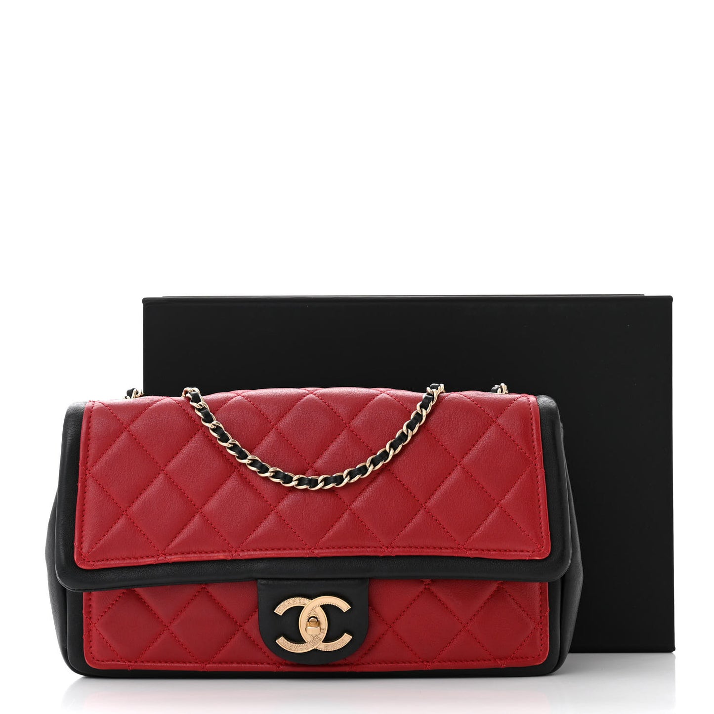 Calfskin Quilted Medium Graphic Flap Red Black