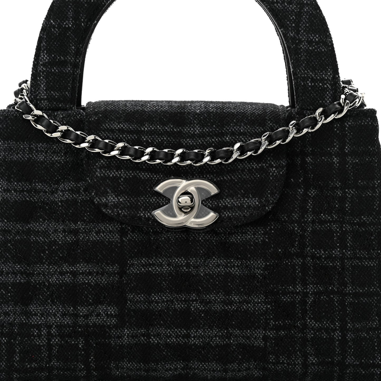 Printed Denim Quilted Nano Kelly Shopper Black Grey