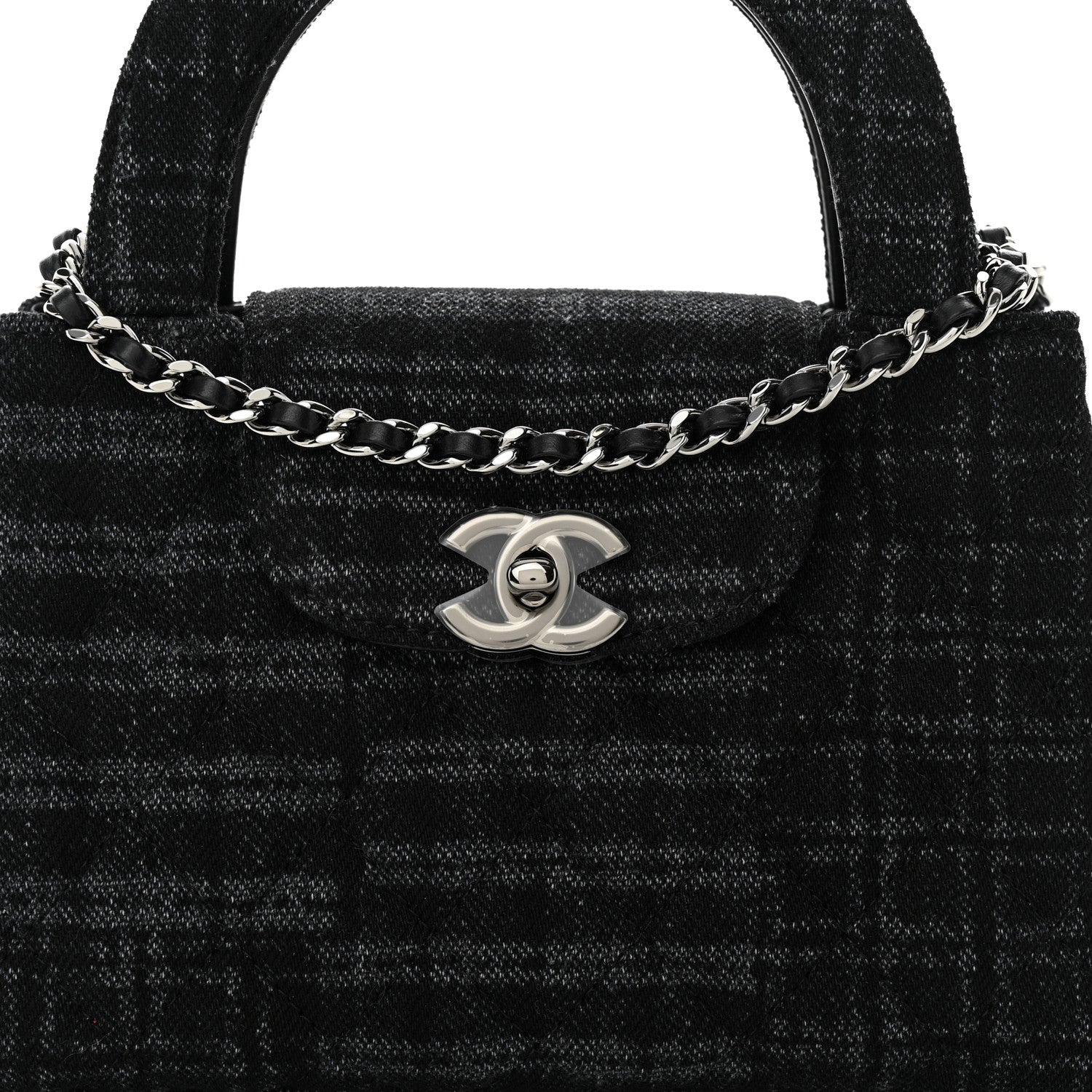 Chanel Printed Denim Quilted Nano Kelly Shopper Black Grey 8 of 11