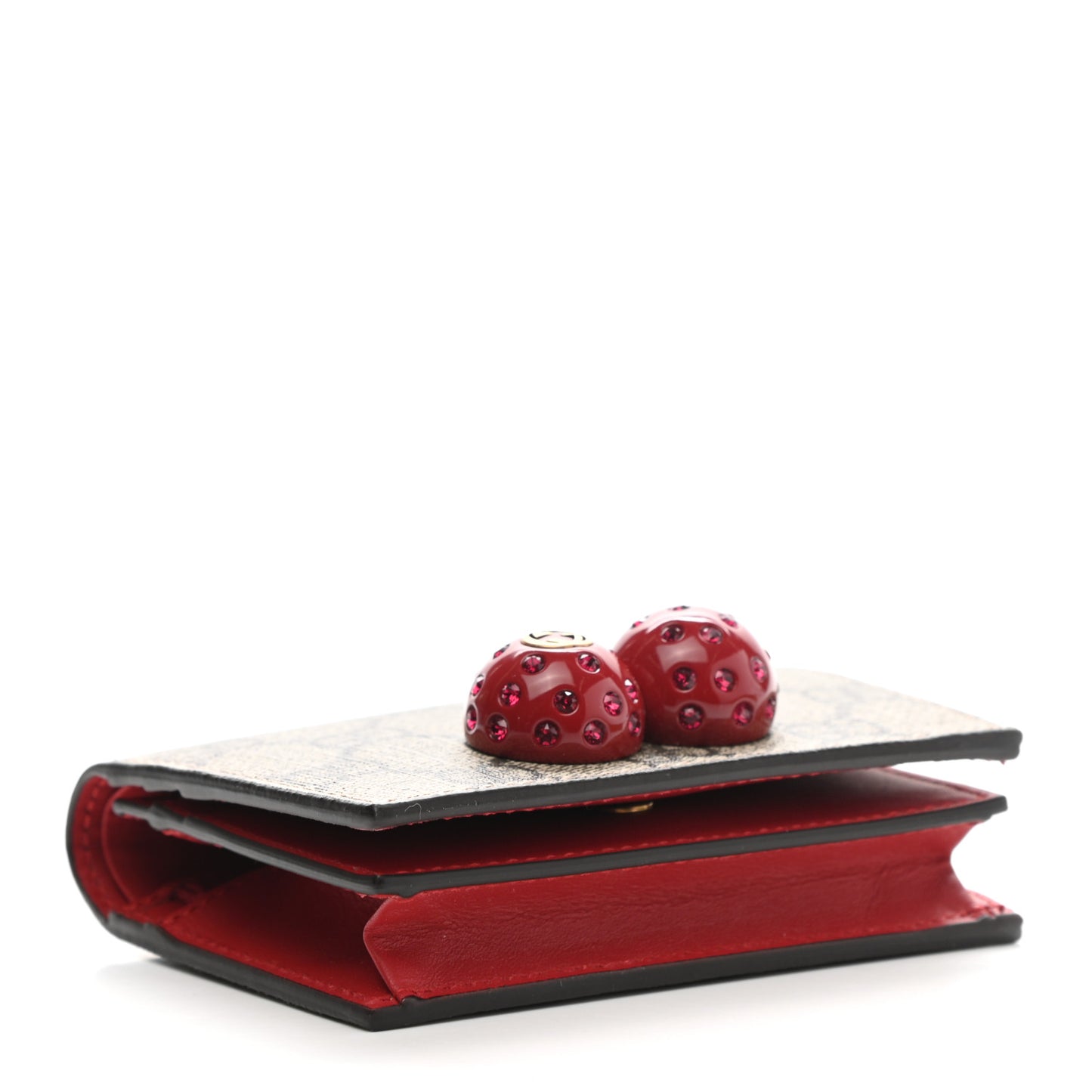 GG Supreme Monogram Cherry Embellished Card Case Wallet Hibiscus Red