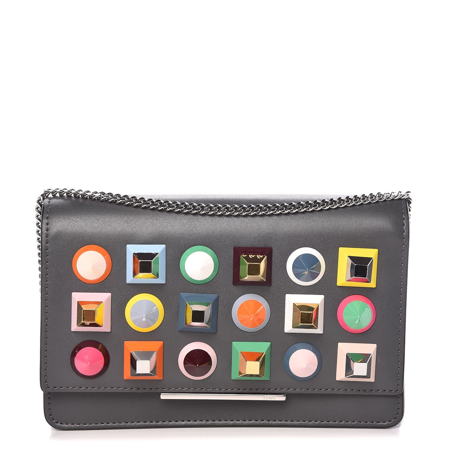 Fendi Vitello Liberty Studded Tube Wallet On Chain Asfalto