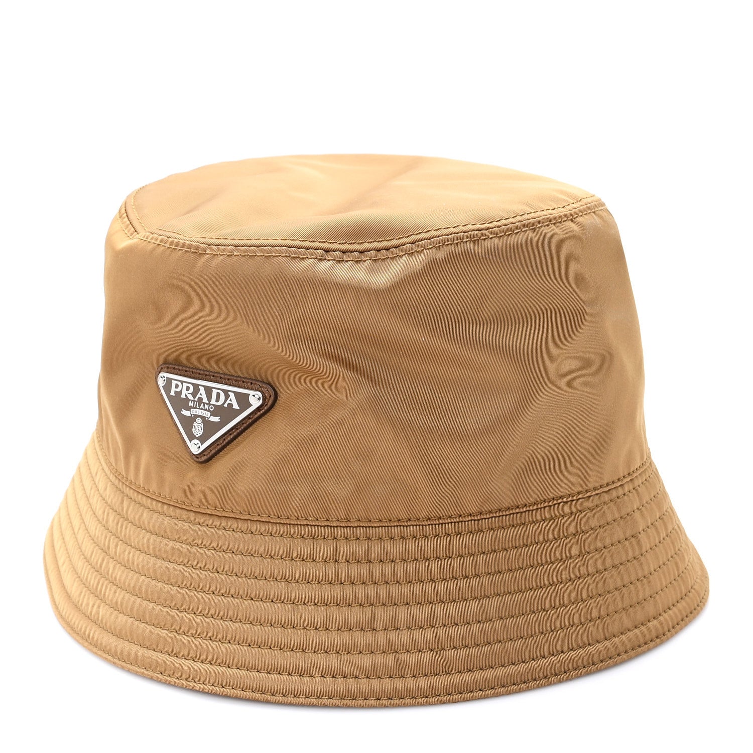 Prada Re-Nylon Metal Triangle Logo Mens Bucket Hat L Tabacco