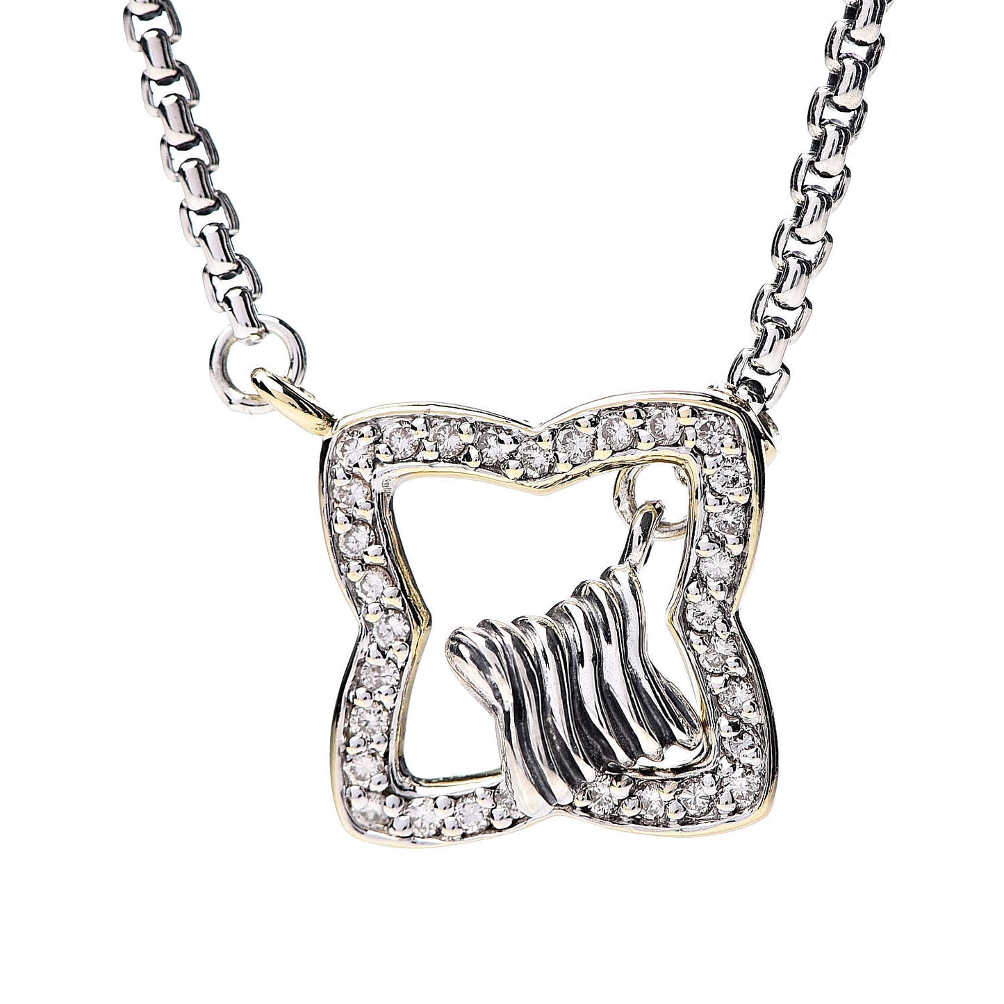 Sterling Silver 18K Yellow Gold Diamond Quatrefoil Pendant Necklace