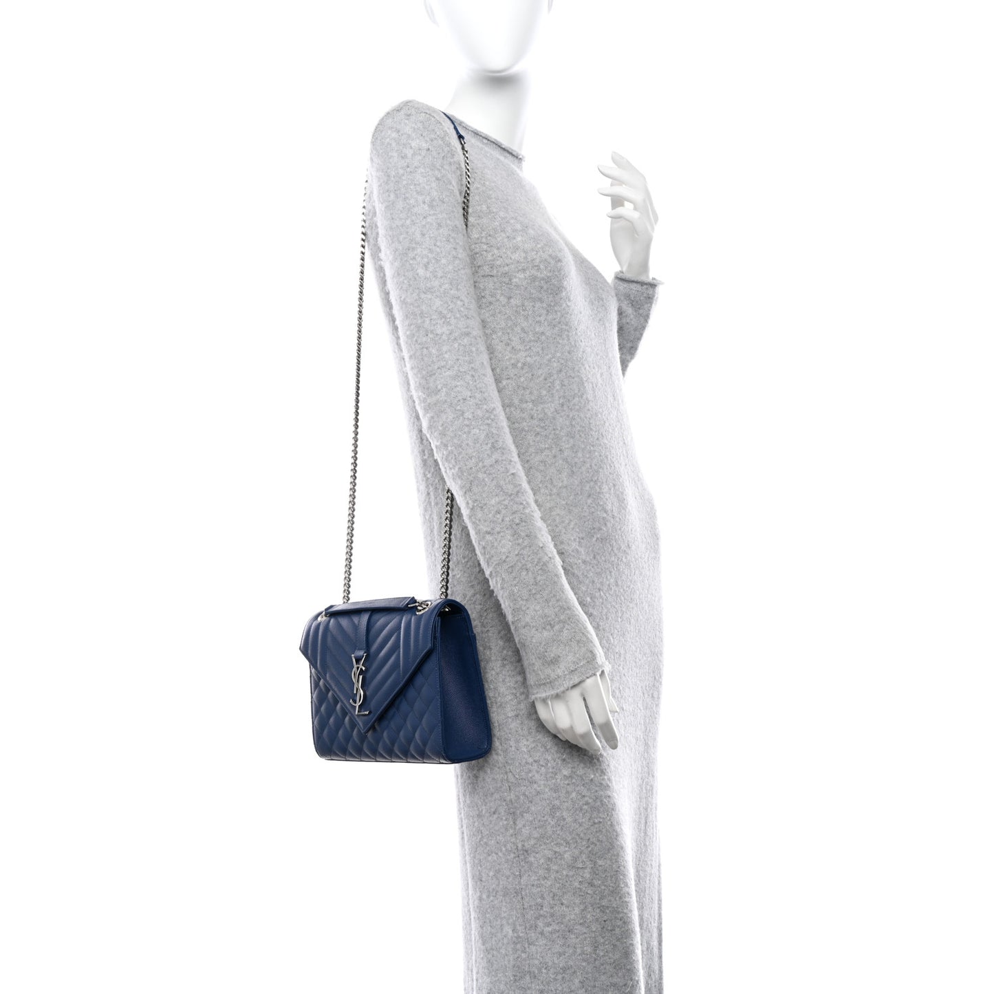 SAINT LAURENT Grain De Poudre Textured Mixed Matelasse Triquilt Medium Monogram Satchel Denim