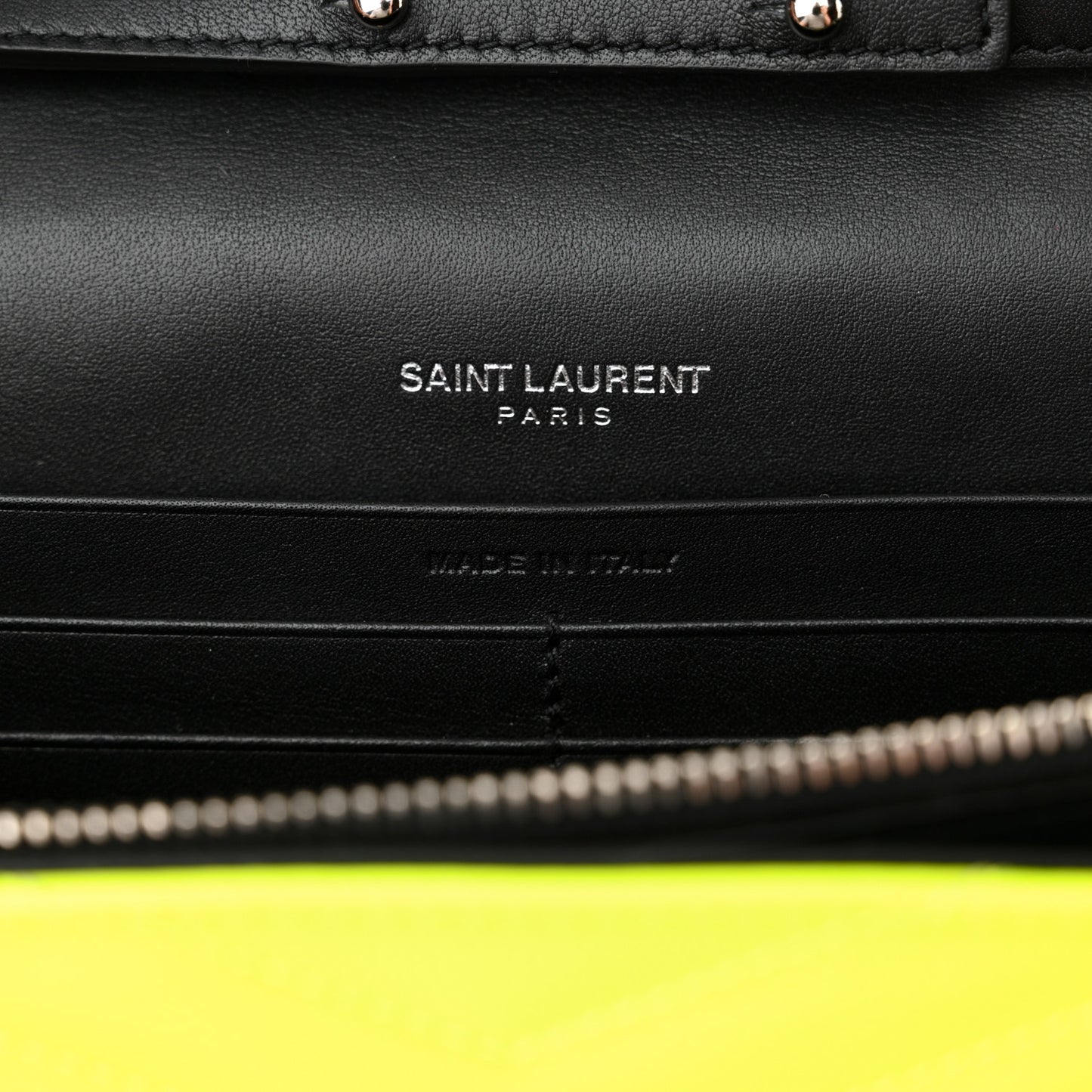 Patent Grain De Poudre Matelasse Chevron Monogram Chain Wallet Neon Yellow