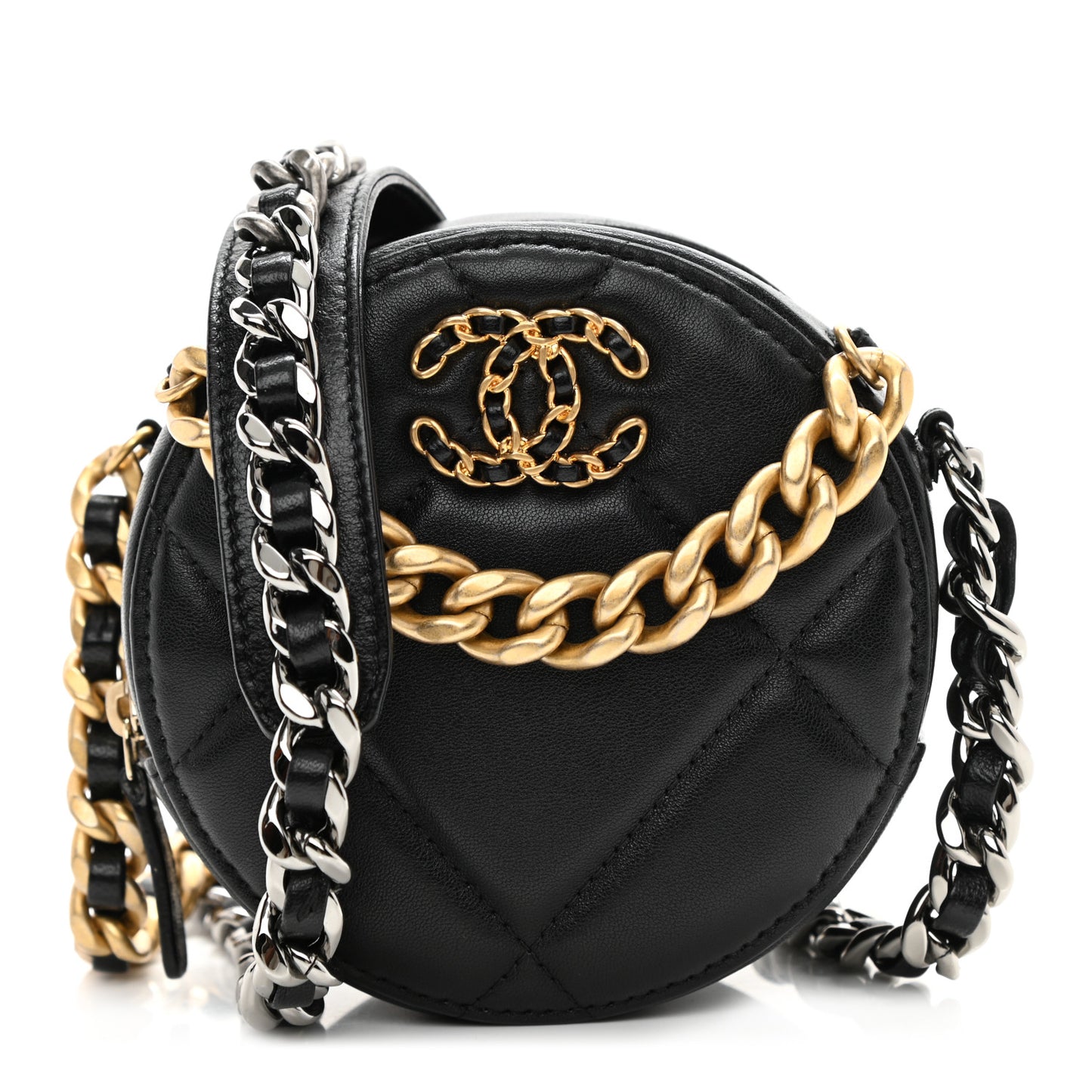 Lambskin Quilted Chanel 19 Round Clutch With Chain Black