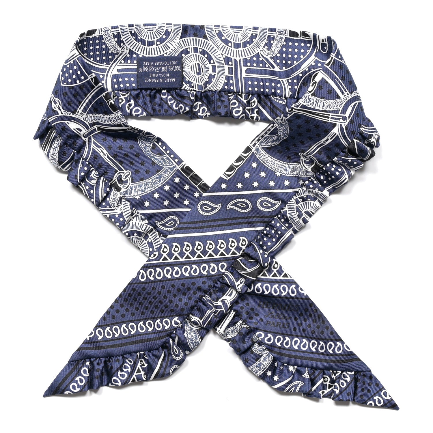Hermes Eperon d'Or Bandana Ruffle Twilly Marine Fonce Black White