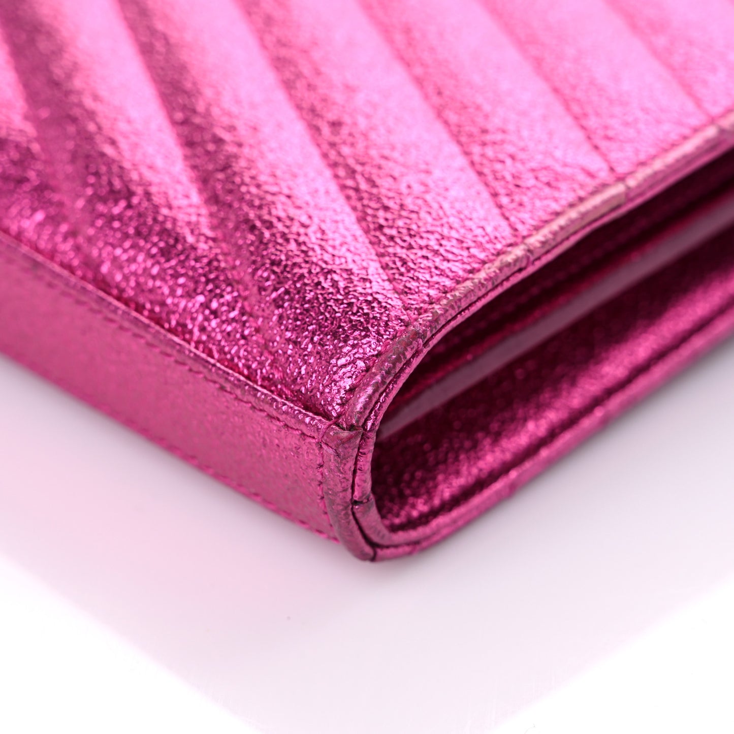 Metallic Crackled Calfskin Matelasse Chevron Monogram Chain Wallet Fuchsia