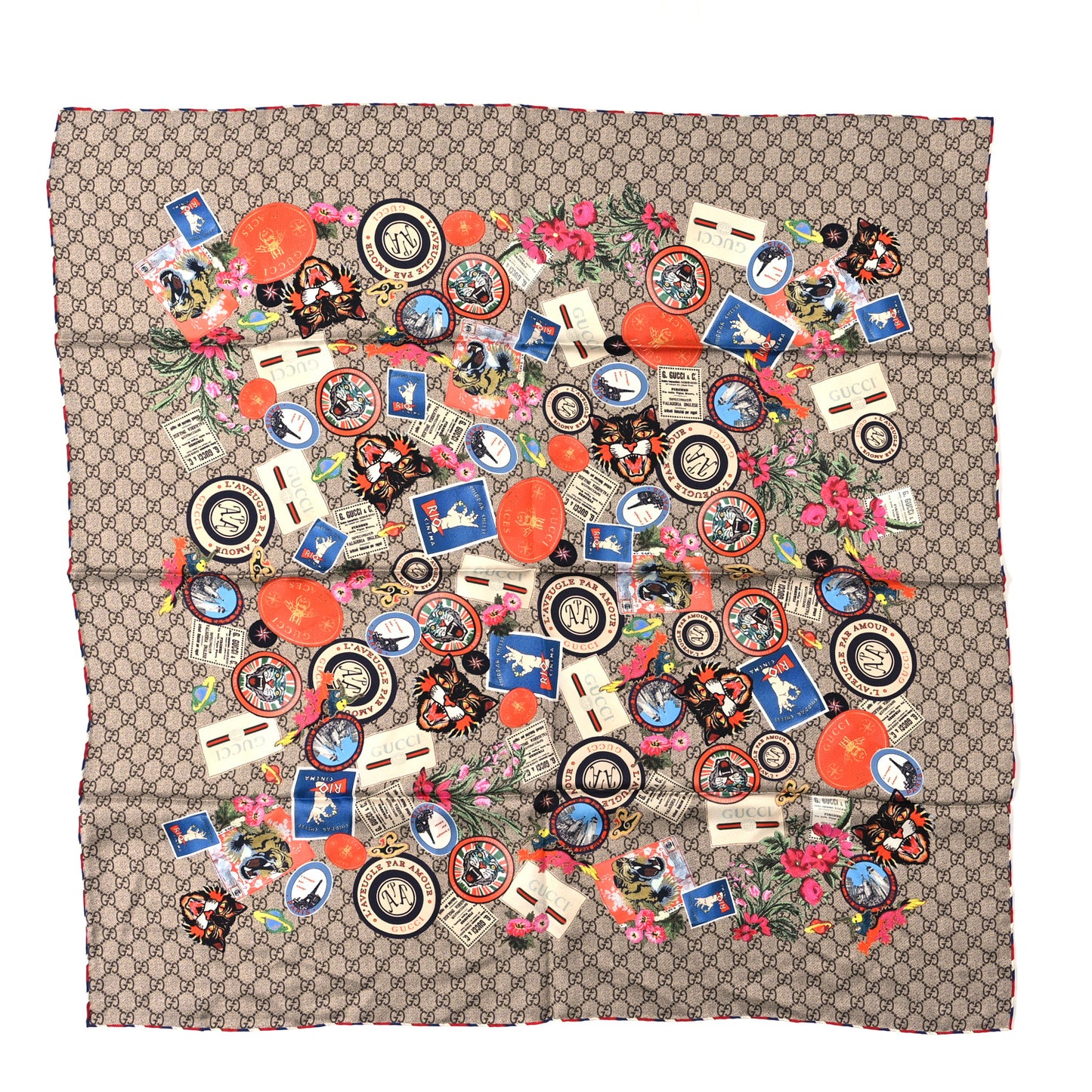 Silk Twill Monogram Courrier Square Scarf Beige Light Brown