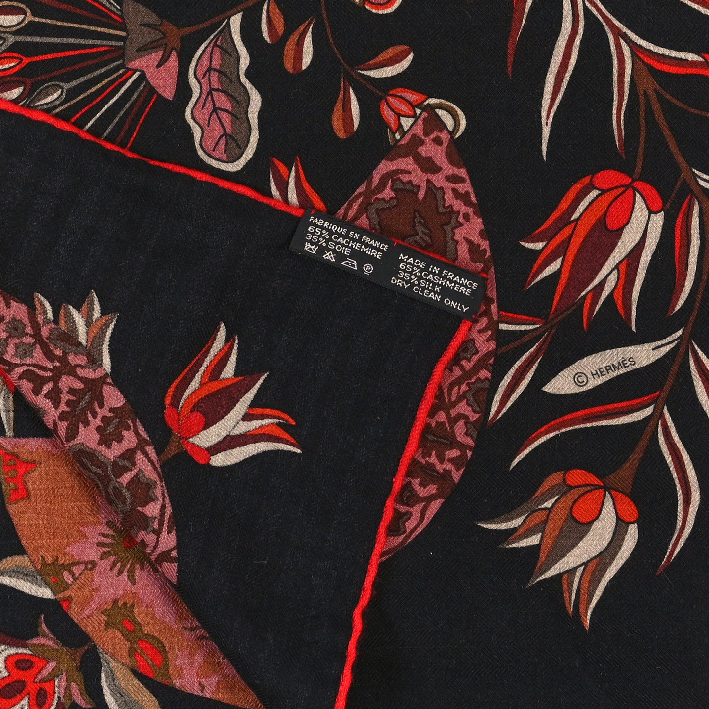 Cashmere Silk Fleurs et Papillons de Tissus Scarf 140 Black Rouge Brun