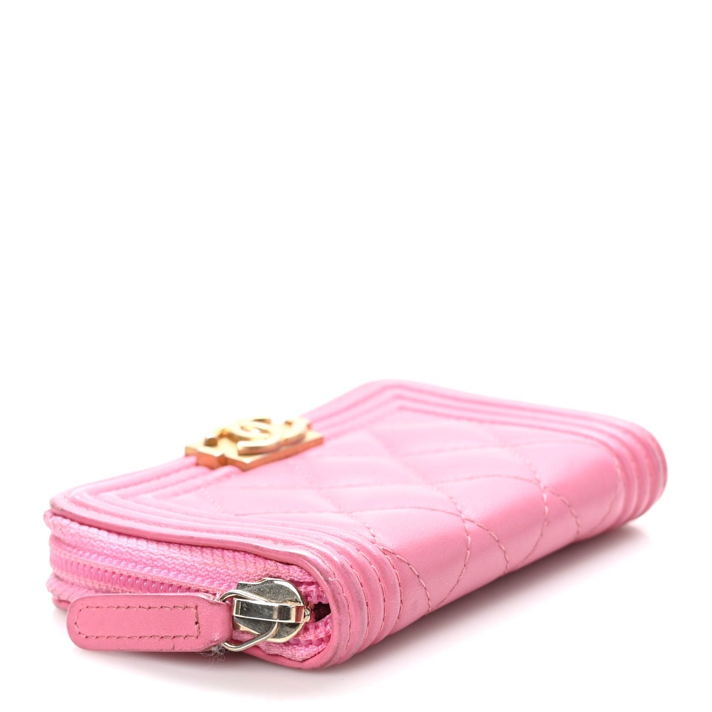 Calfskin Quilted Boy Zip Around Coin Purse Wallet Pink