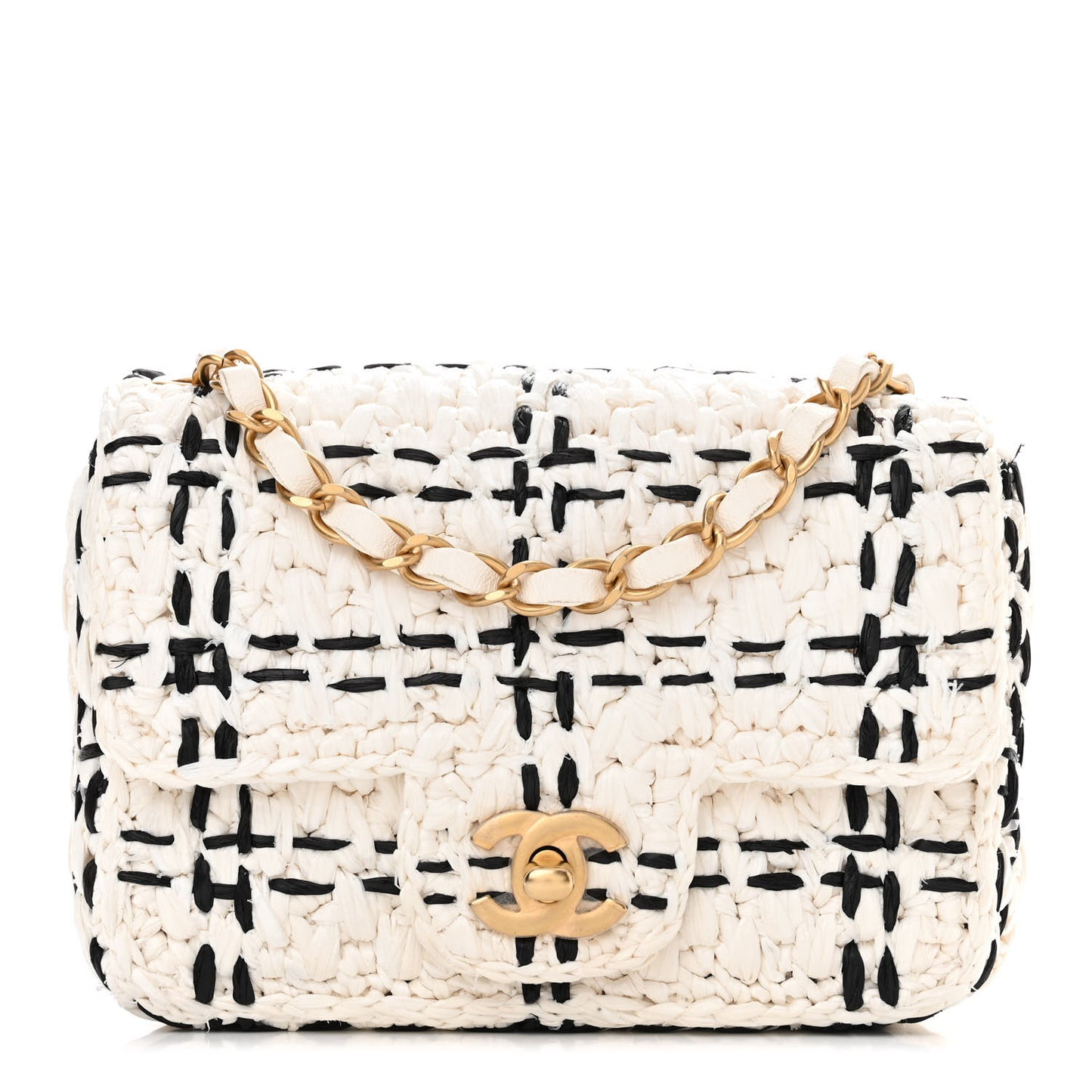 Raffia Effect Tweedy Mini Flap Bag White Black