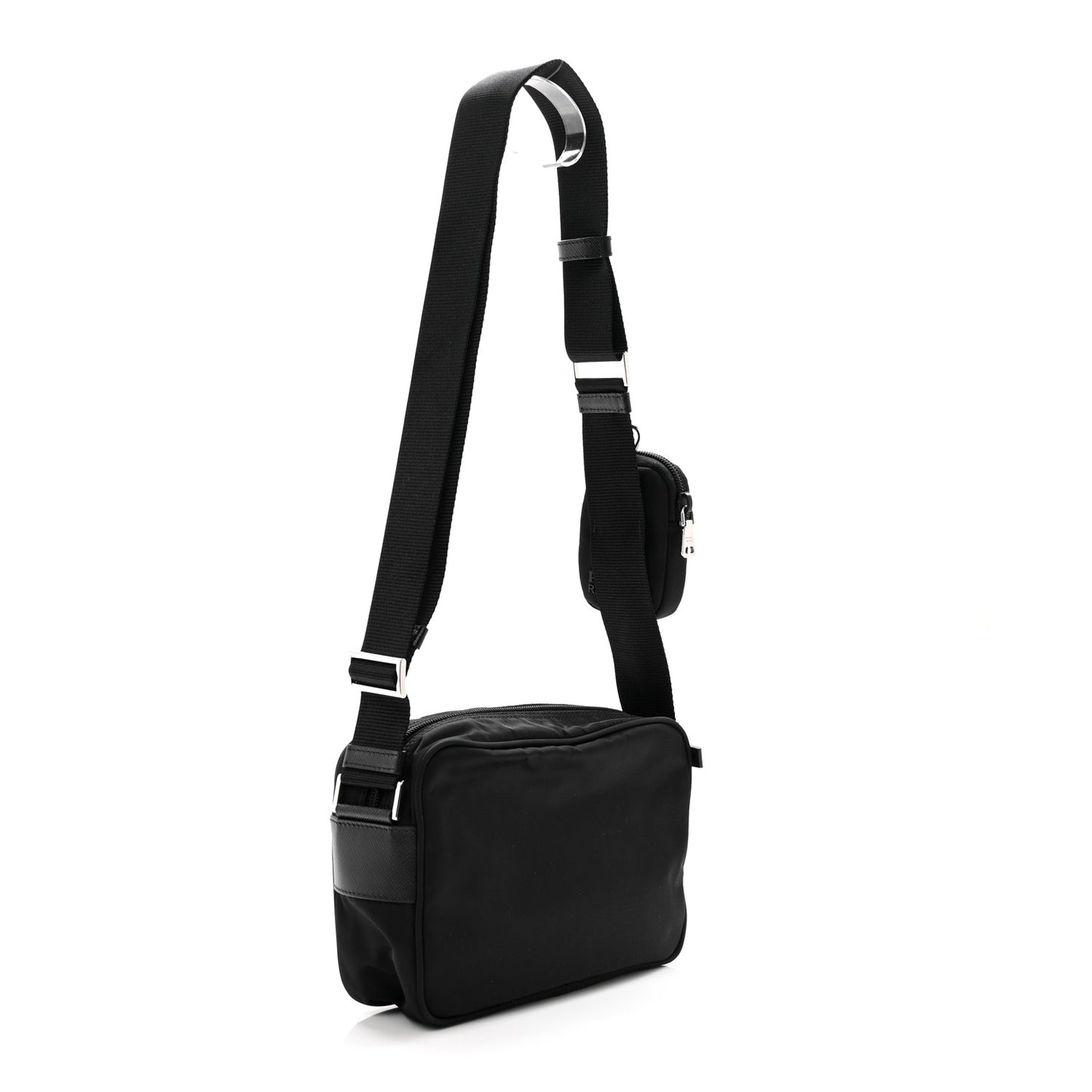 Re-Nylon Vela Saffiano Double Zip Shoulder Bag Black