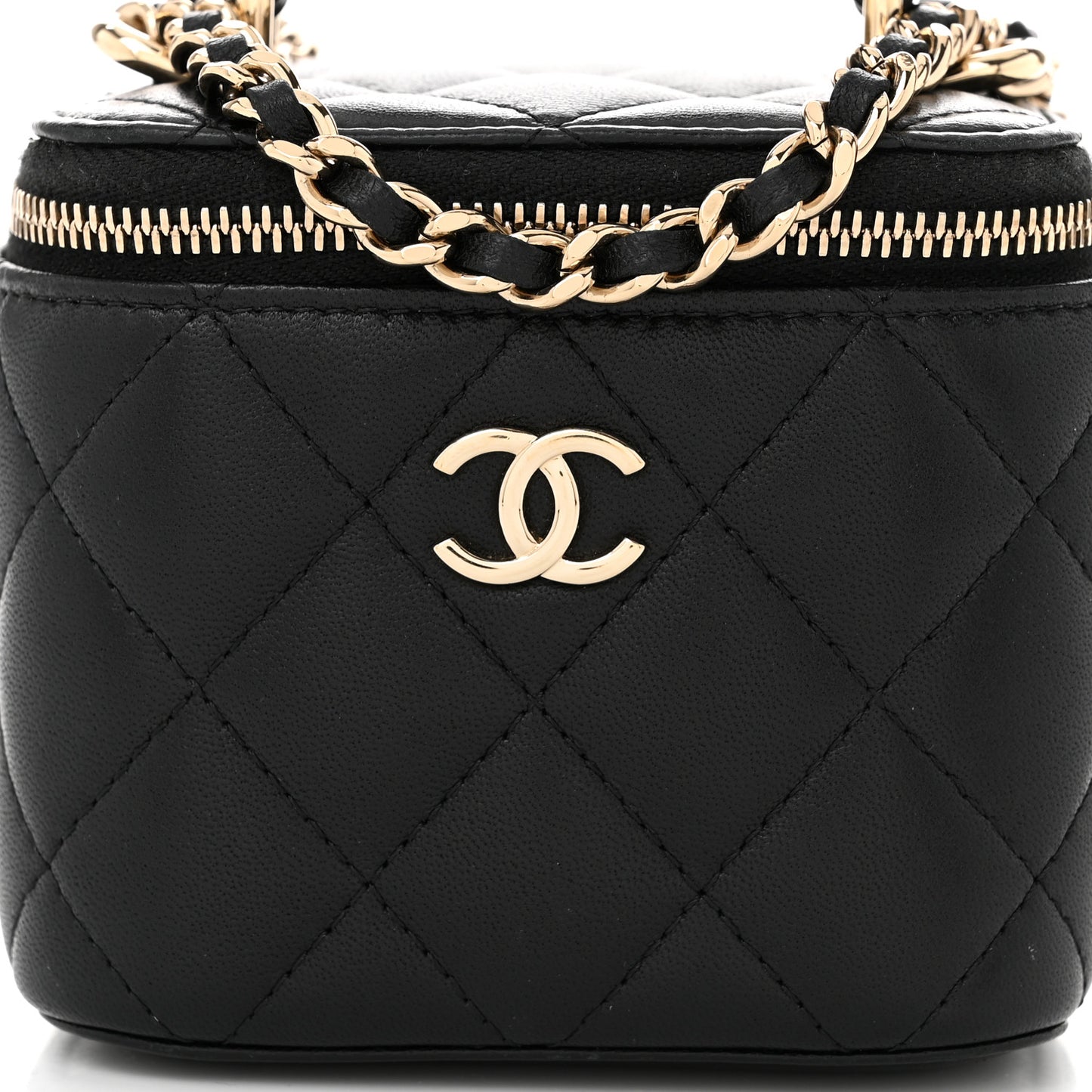 Lambskin Quilted Top Handle Mini Vanity Case With Chain Black
