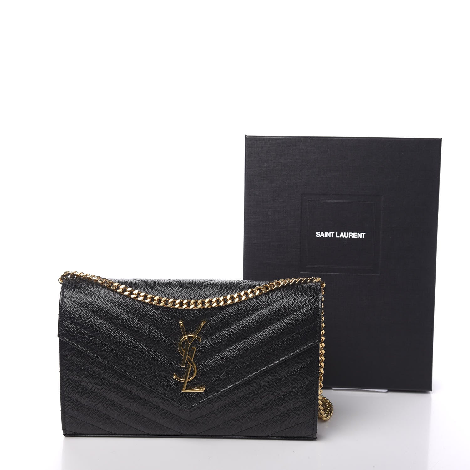 Saint Laurent Grain De Poudre Matelasse Chevron Monogram Chain Wallet Black 10 of 10