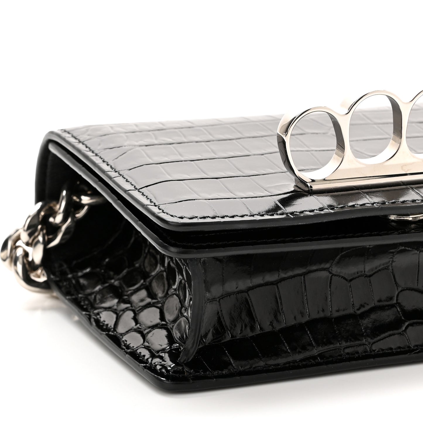Croc Four Ring Knuckle Mini Chain Clutch Black