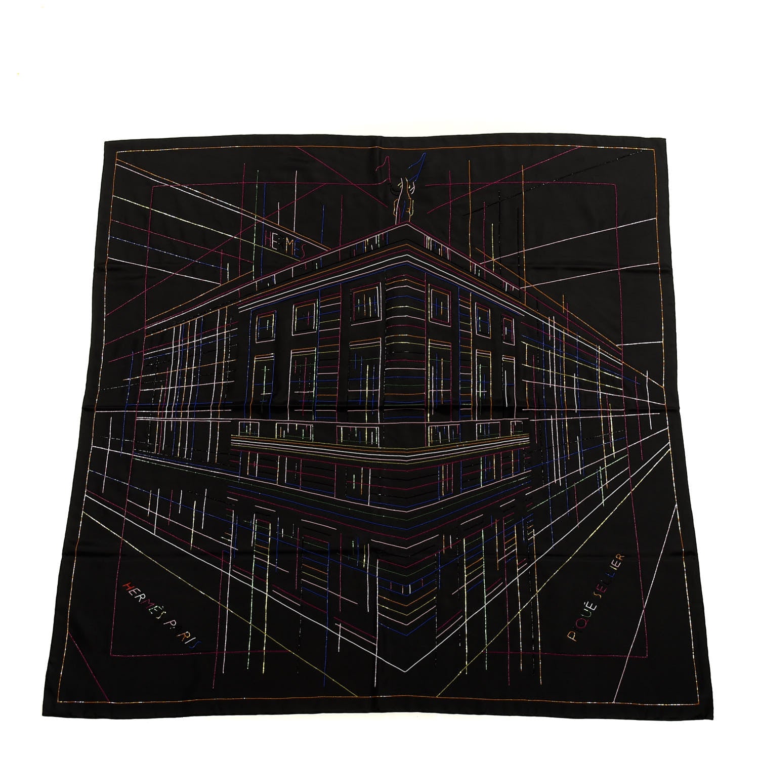 Hermes Silk Embroidered Giant Pique Sellier Perle Scarf 140 Black Multicolor 1 of 3