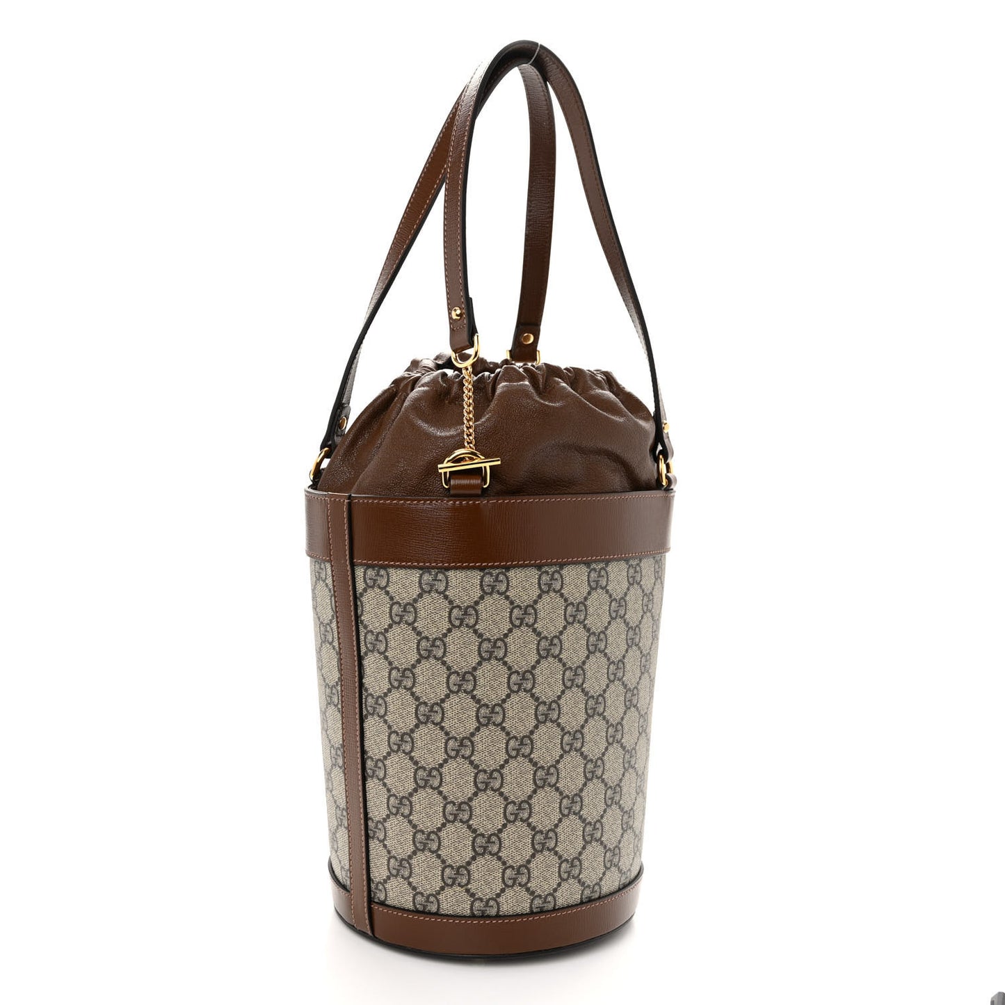 GG Supreme Monogram Azalea Sakai Calfskin Small Horsebit 1955 Drawstring Bucket Bag Beige Ebony Brown Sugar