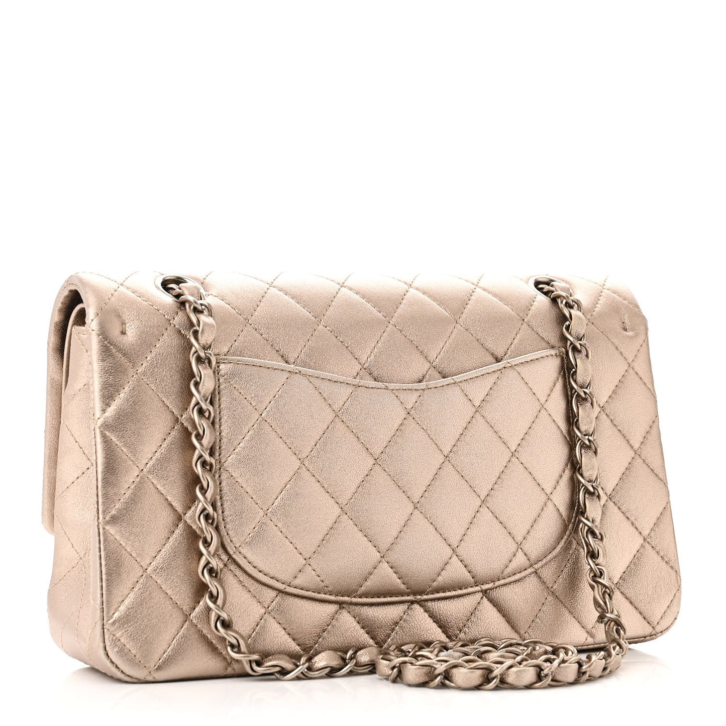 Metallic Calfskin Quilted Medium Double Flap Khaki